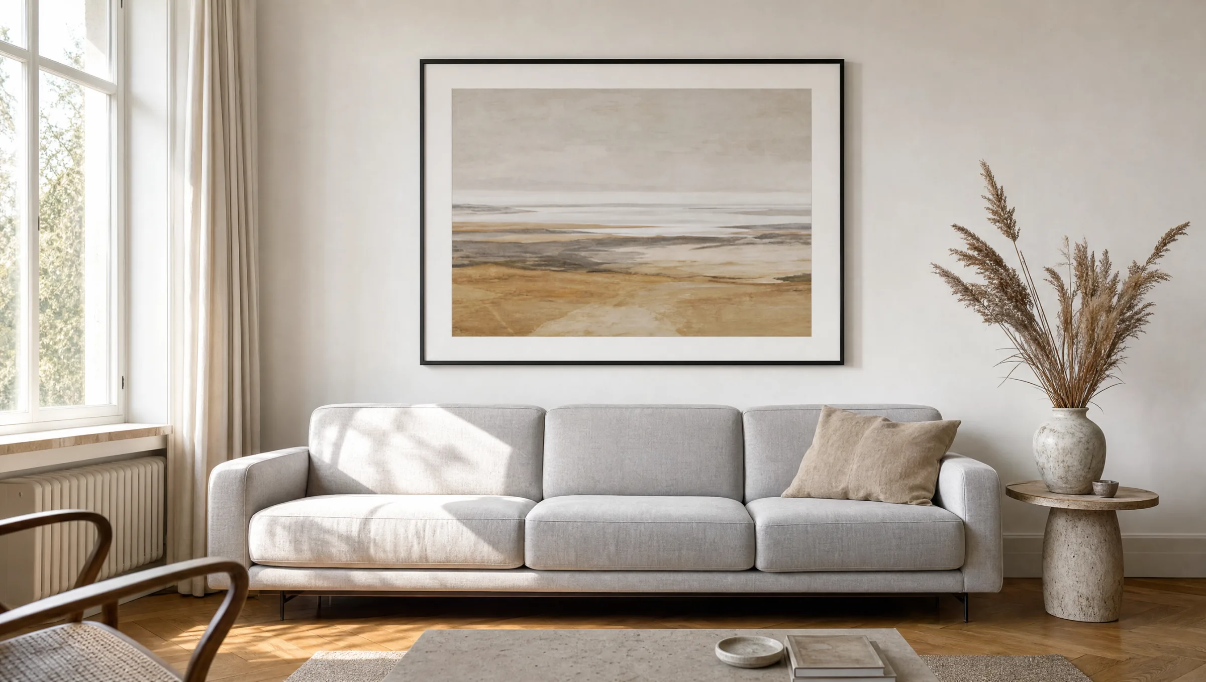 Großformatiger bilderrahmen 140 x 100 über einem hellen Sofa in einem ruhigen Wohnzimmer