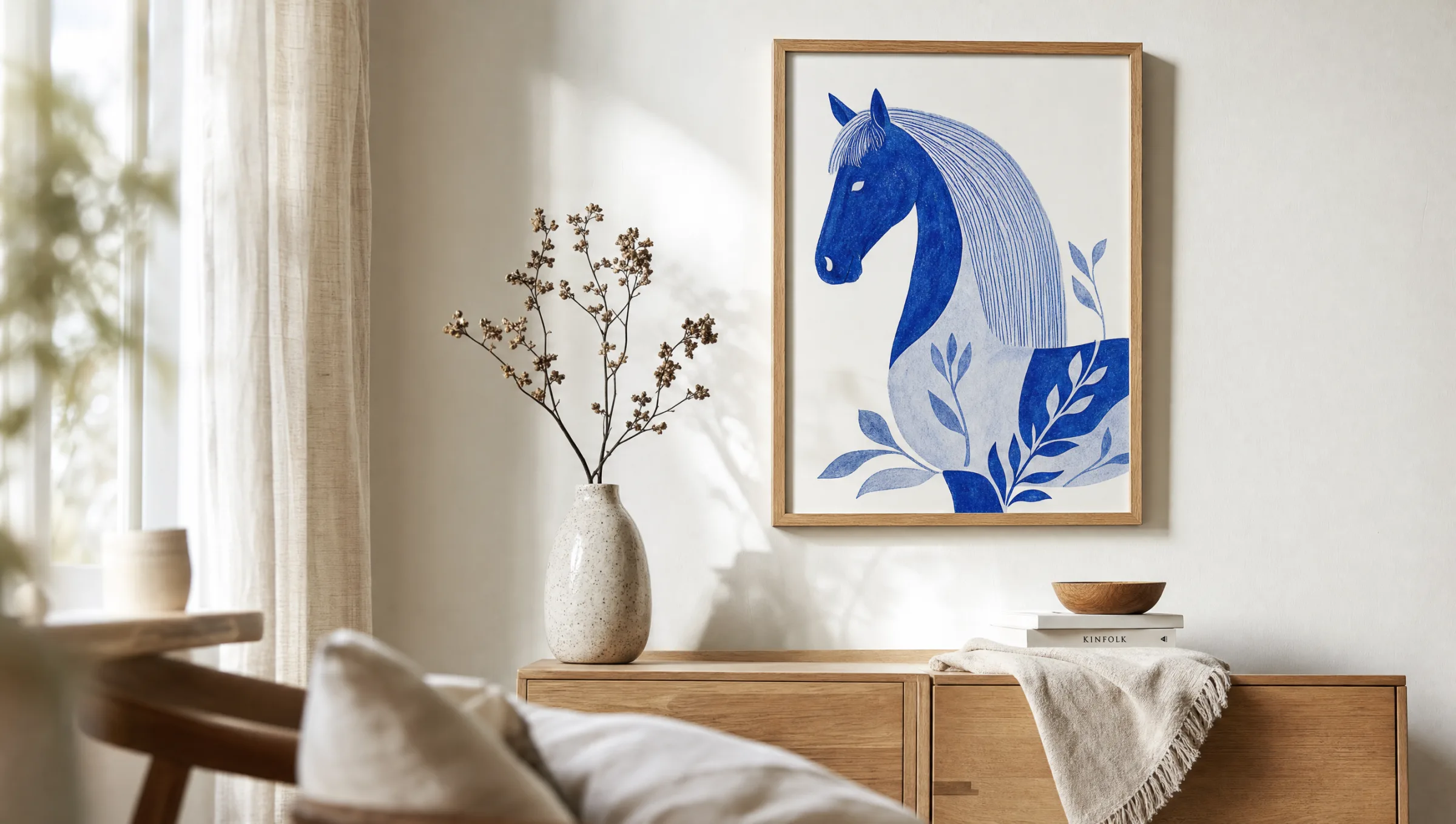 Hochwertiger Kunstdruck eines blauen Pferdchens in einem hellen, minimalistisch eingerichteten Wohnzimmer