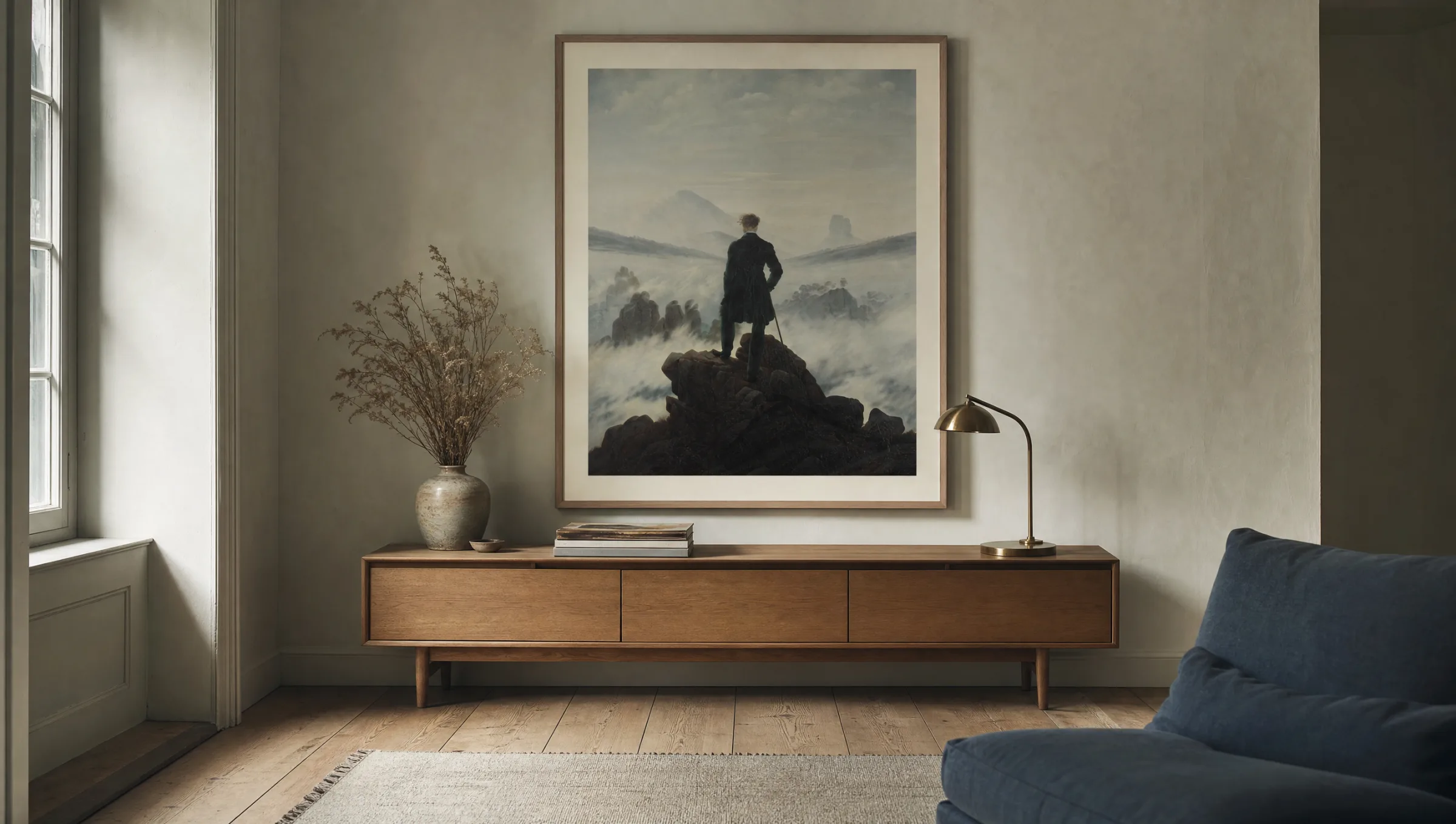 Caspar David Friedrich art print in portrait format above an oak sideboard in a quiet living room