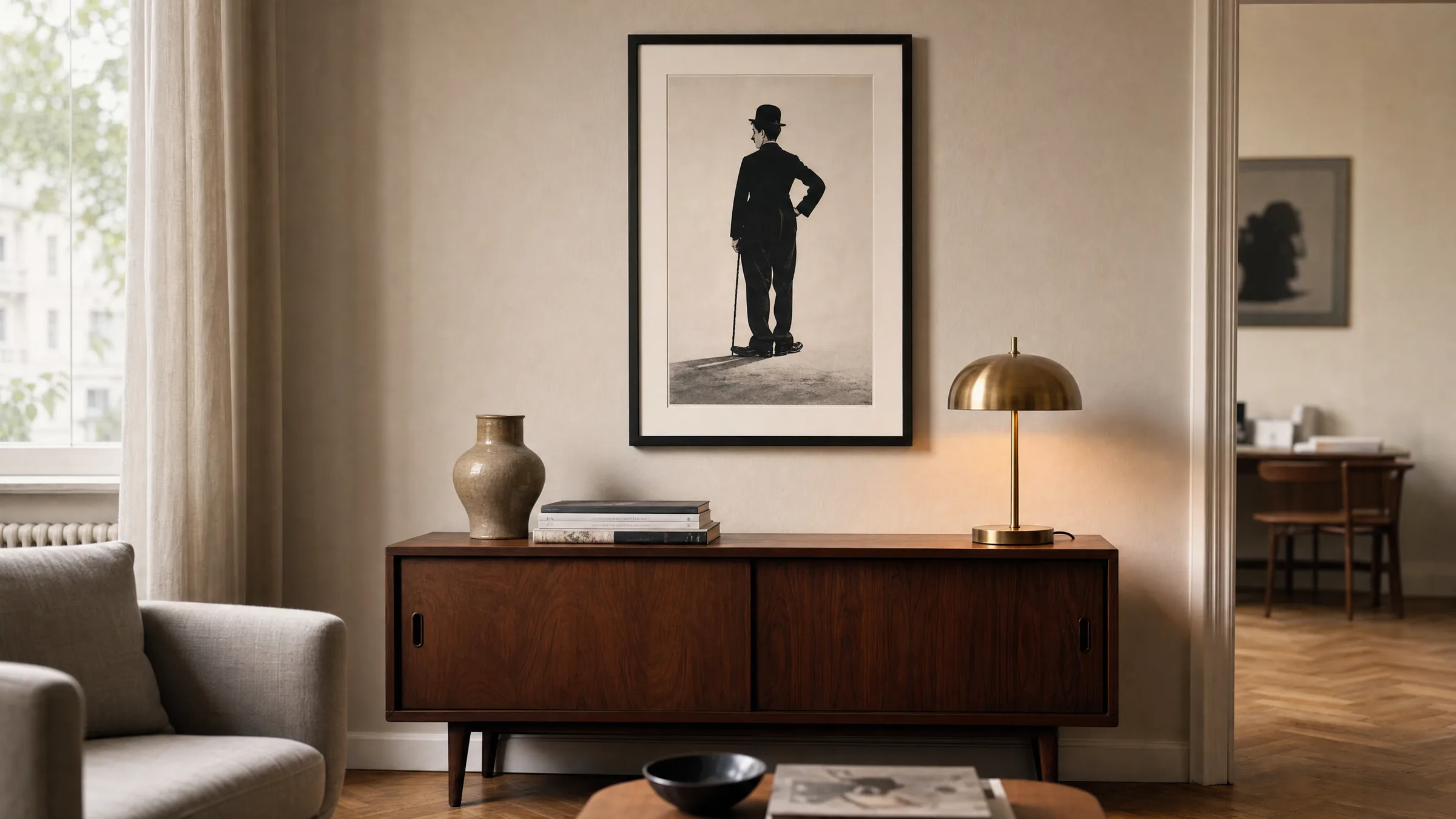 Gerahmtes Schwarz-Weiß-Filmposter mit Stummfilm-Motiv über einer Holzkommode in einem warm beleuchteten Wohnraum