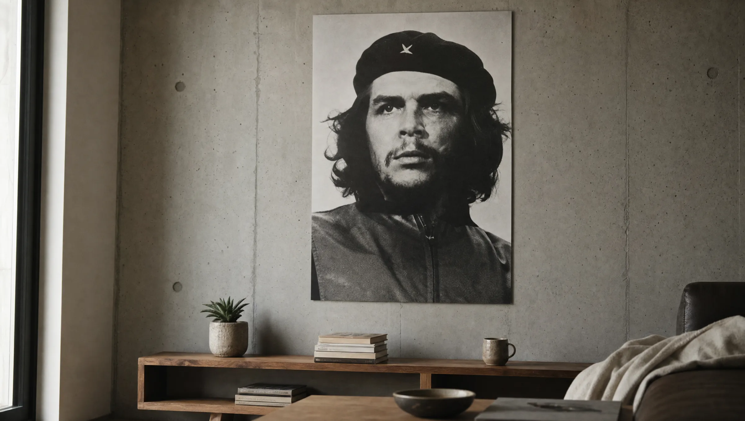 Che-Guevara-Poster als Schwarzweiß-Kunstdruck an einer hellen Betonwand in einem ruhigen, modernen Wohnraum