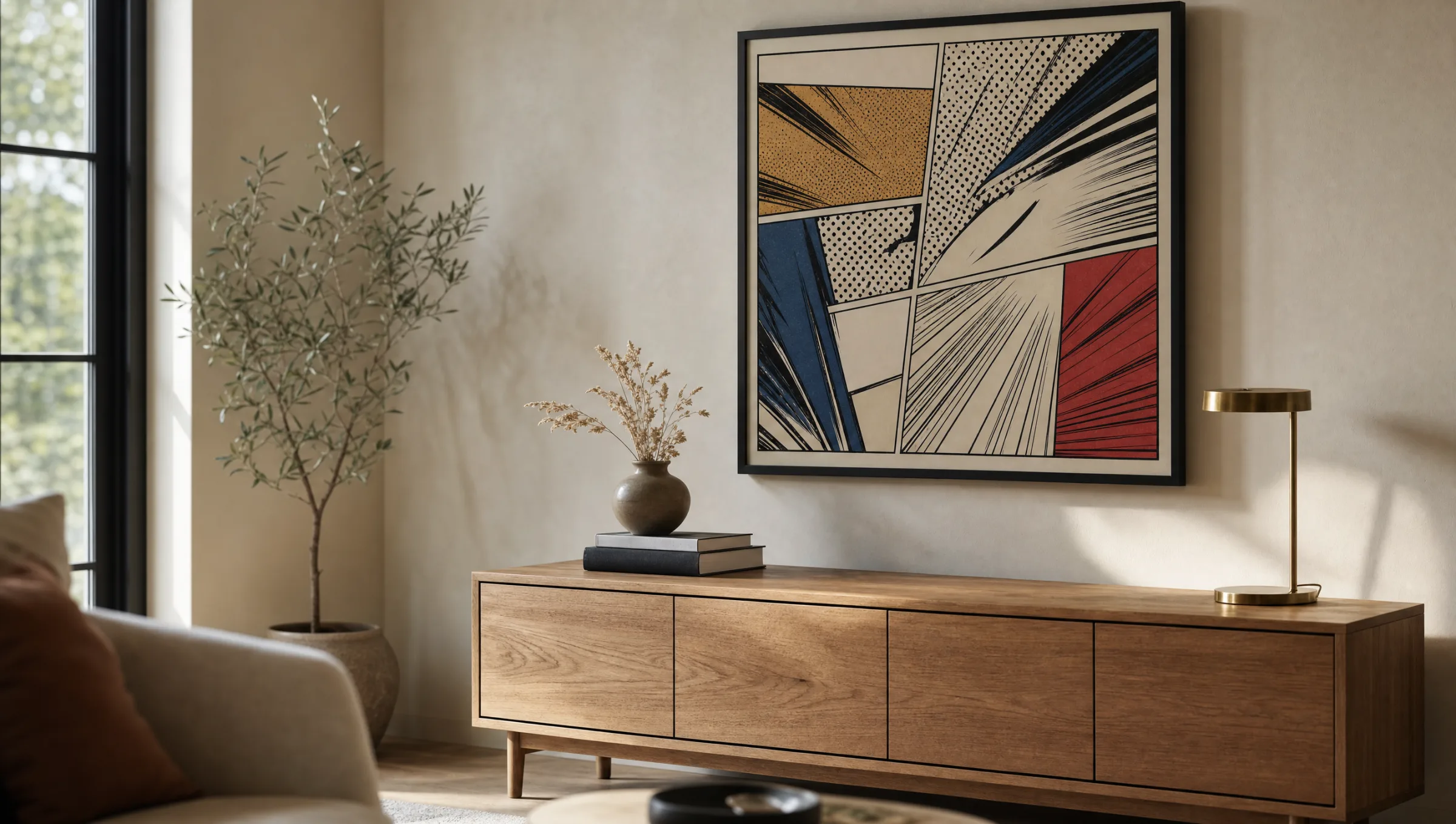 Comic art print in a slim black frame hanging above a sideboard with books and a ceramic vase