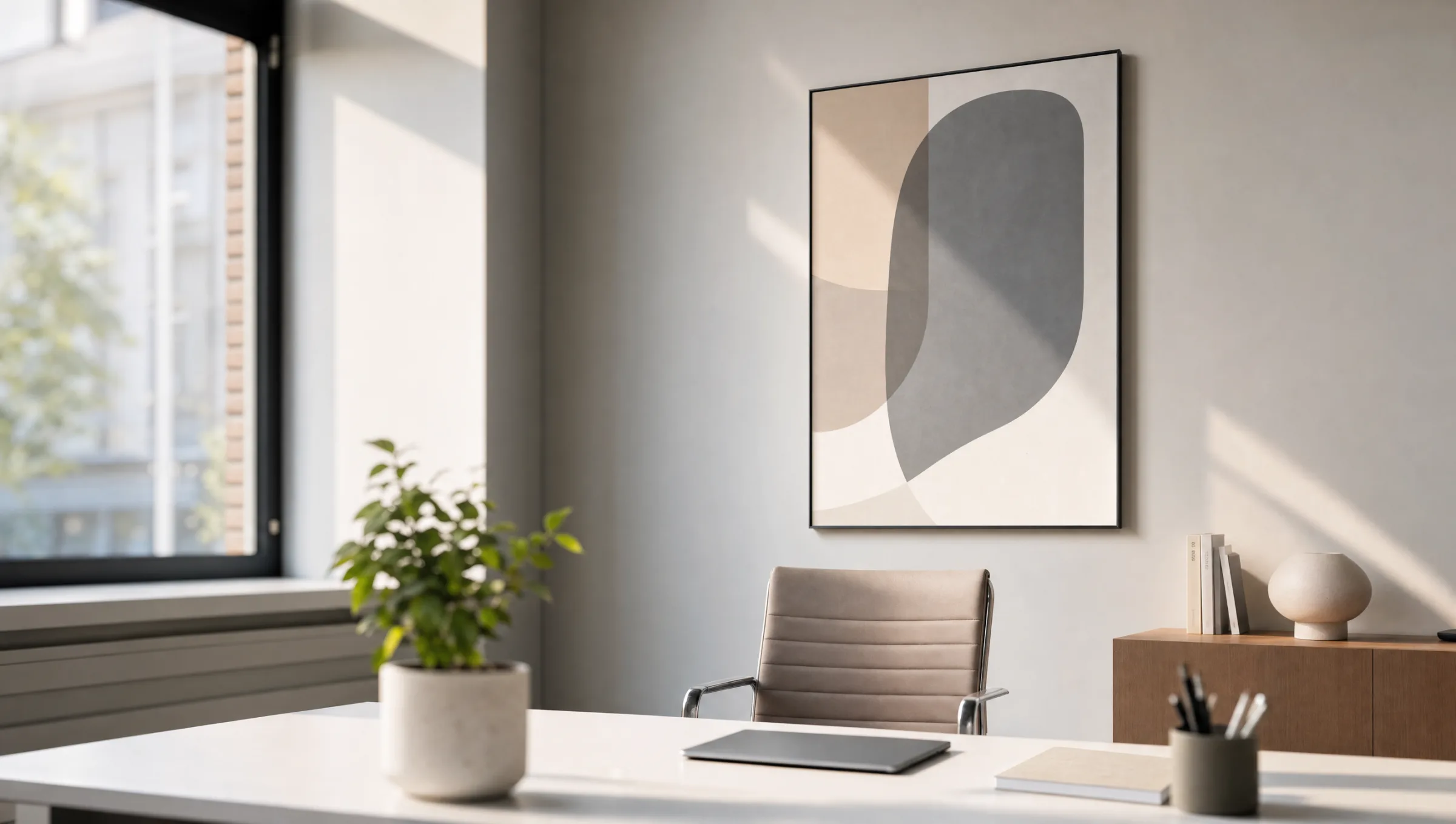 Modern office room with a large abstract poster on a bright wall above a desk