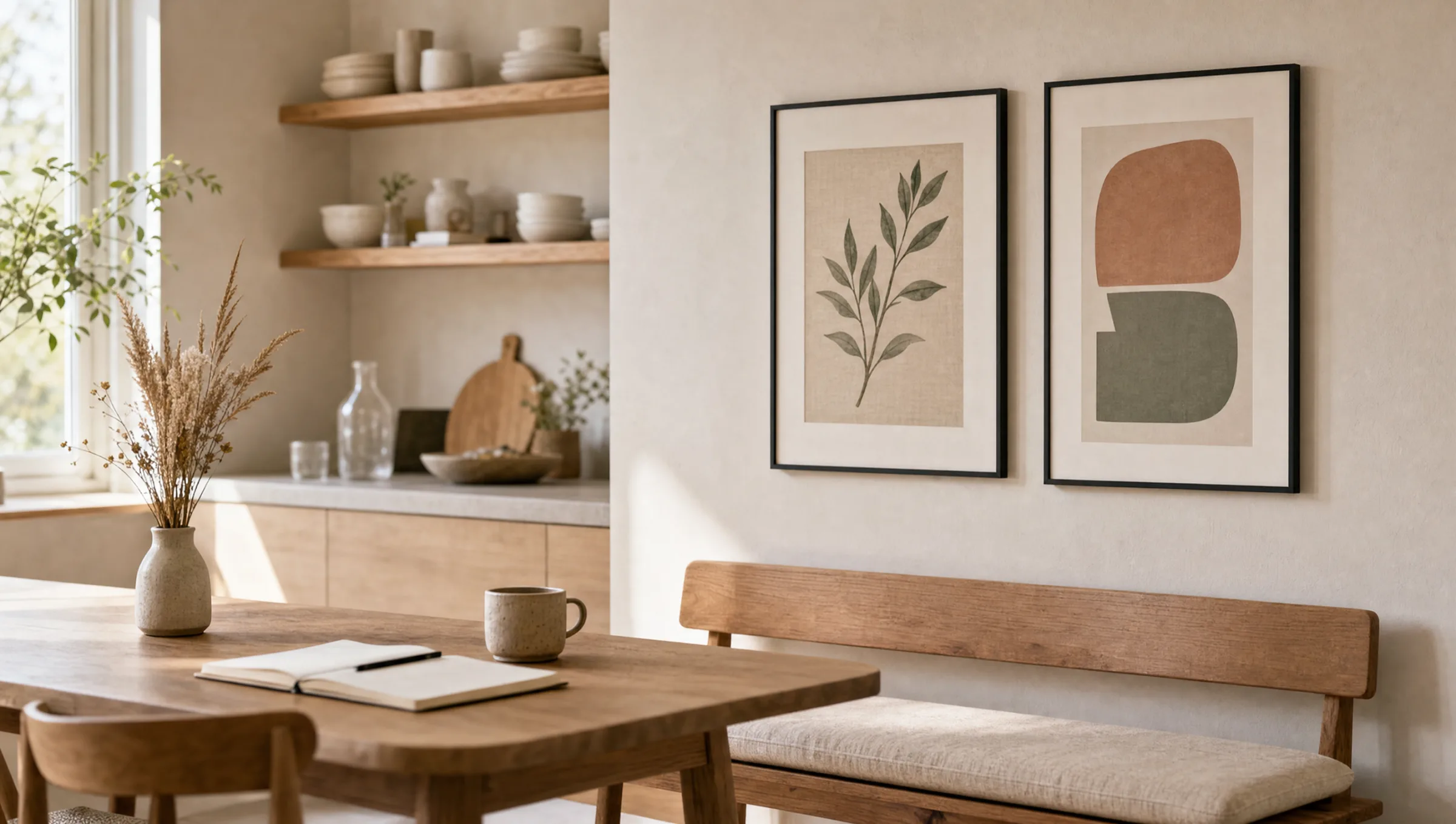 Bright kitchen-dining area with a wooden table, bench seat and two framed art prints on the wall