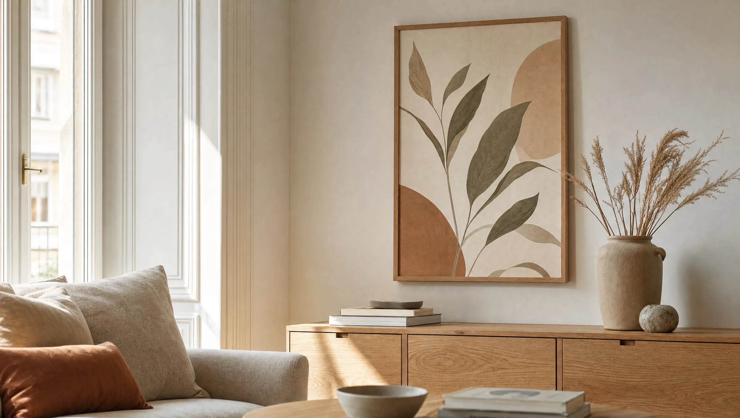 Framed decorative poster above a light oak sideboard in a calm, simply furnished living room
