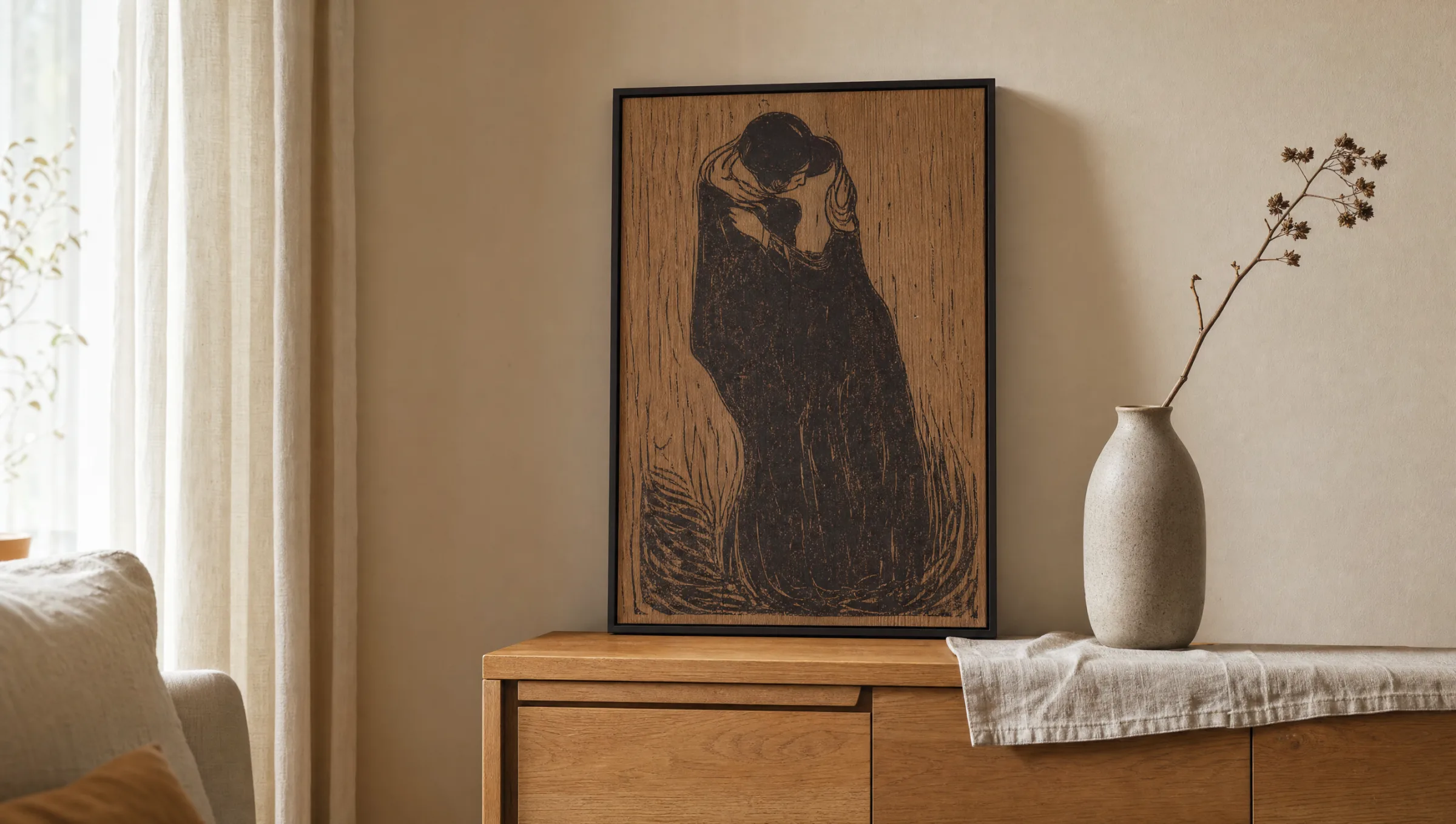 Gerahmter Kunstdruck nach Der Kuss von Edvard Munch über einer Holzkommode in einem ruhigen Wohnraum