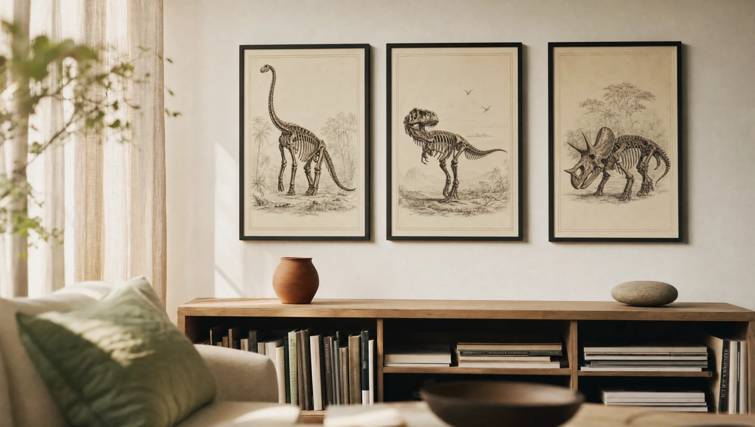 Mehrere gerahmte Dinosaurier Poster an einer hellen Wohnzimmerwand, daneben ein Holzregal mit Büchern und Naturdekor