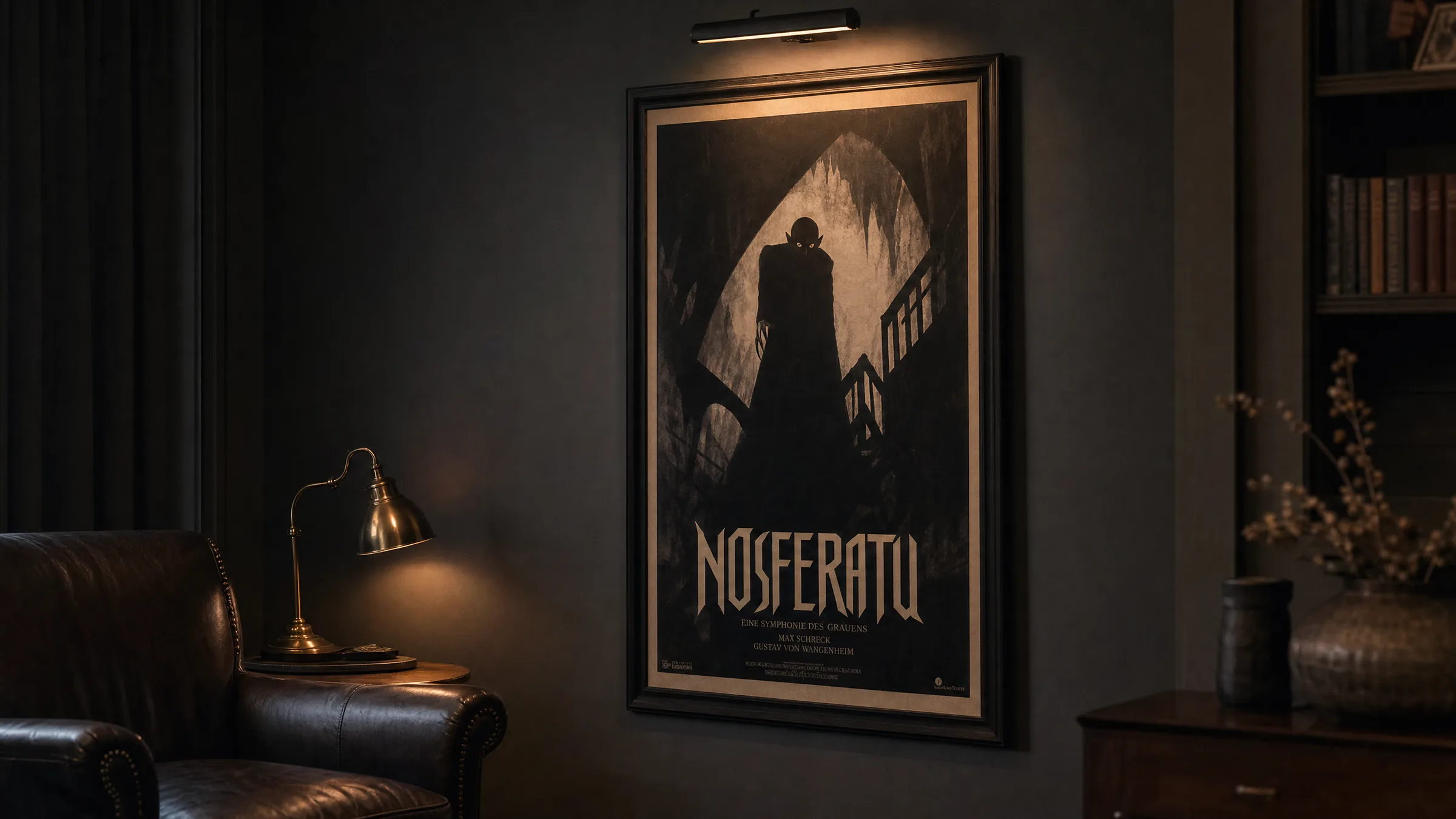 A framed dracula poster displayed on a dark-painted wall in a moody living room interior