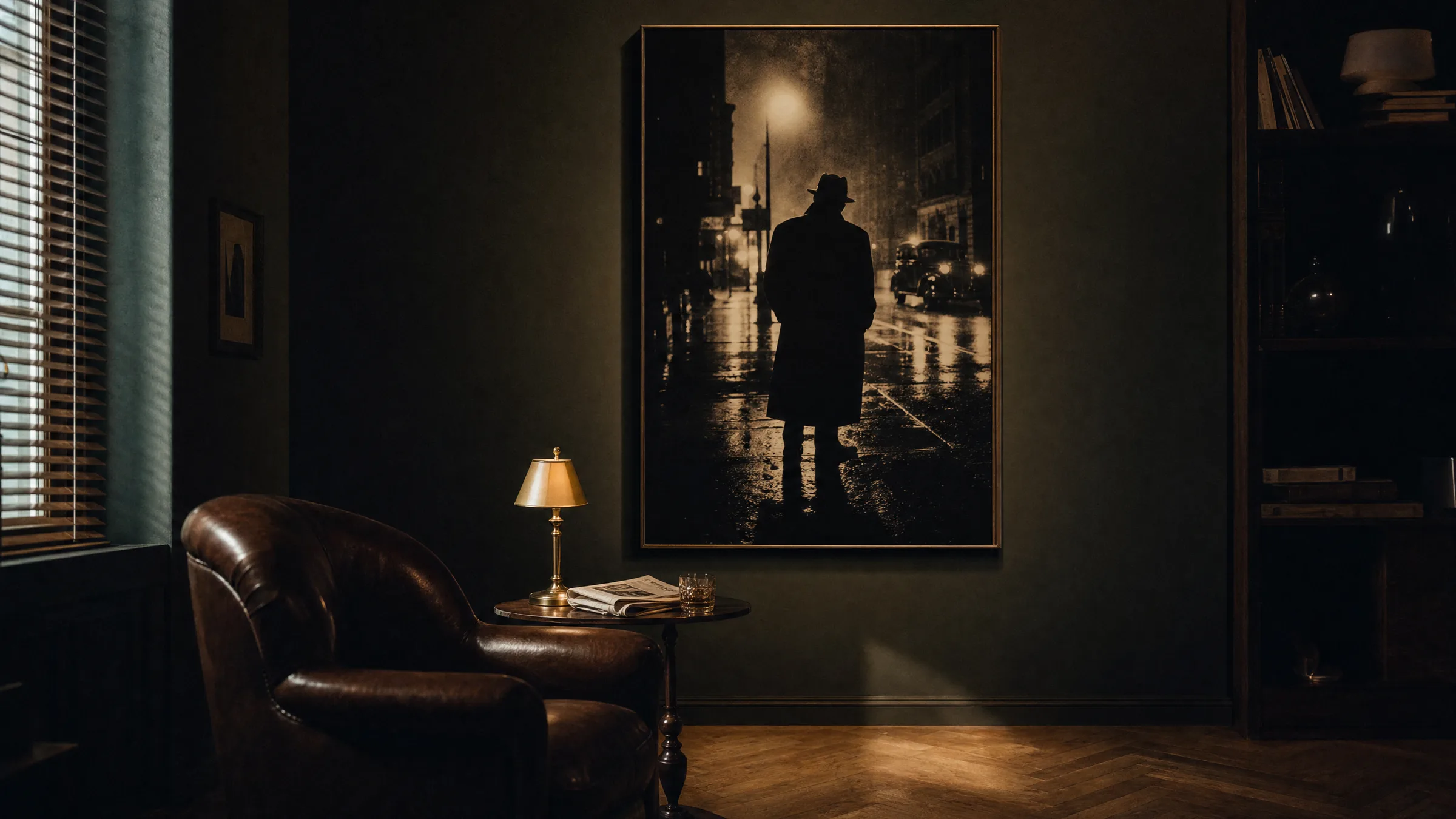 Film noir poster in portrait format on a dark-painted living room wall with a leather club chair and brass table lamp