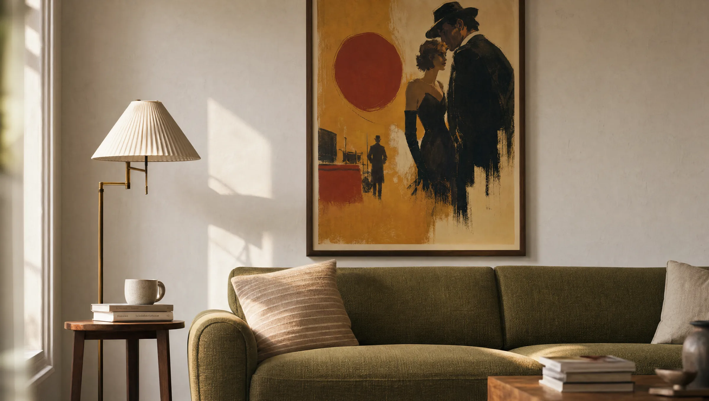 Wohnraum mit gerahmtem retro Filmplakat über einem Sofa, warme Abendsonne