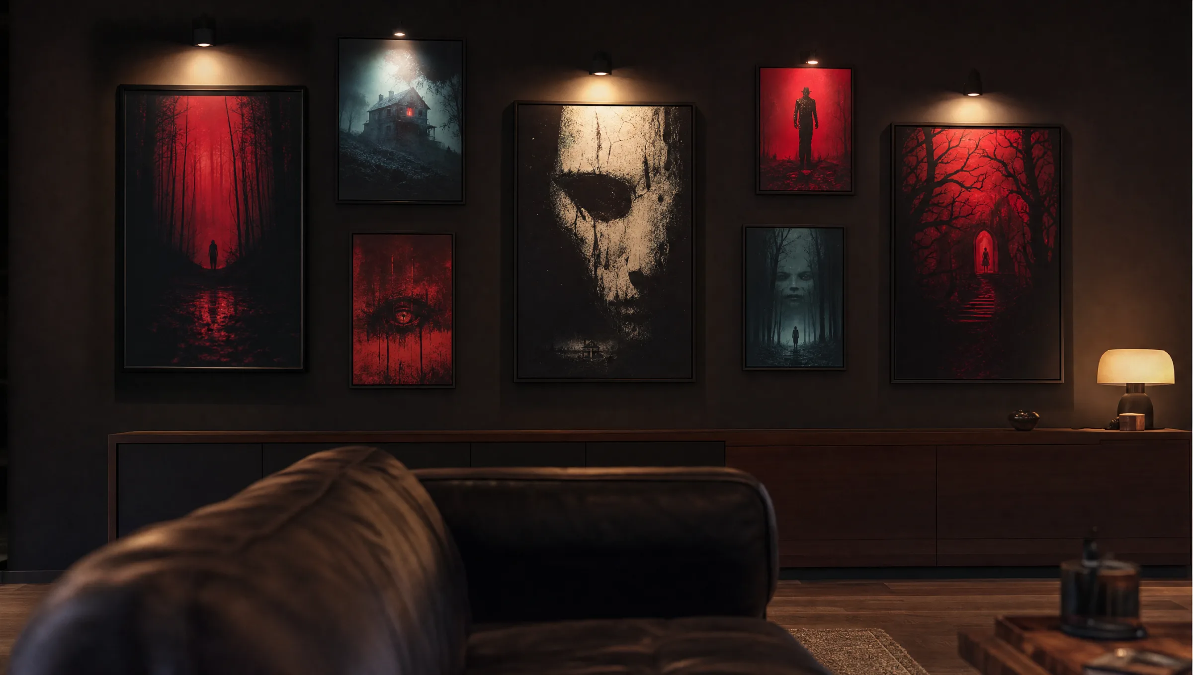 Kuratierte Galerie-Wand mit Horrorfilm-Postern in dunklem Wohnzimmer-Setting