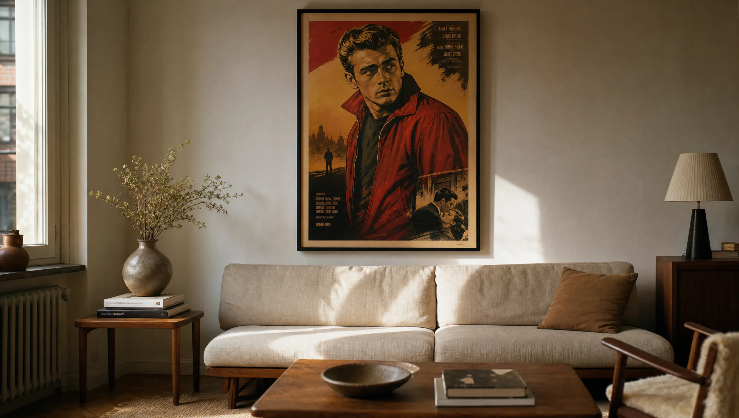 Wohnzimmer mit gerahmtem Filmplakat James Dean über einem Sofa in warmem Licht