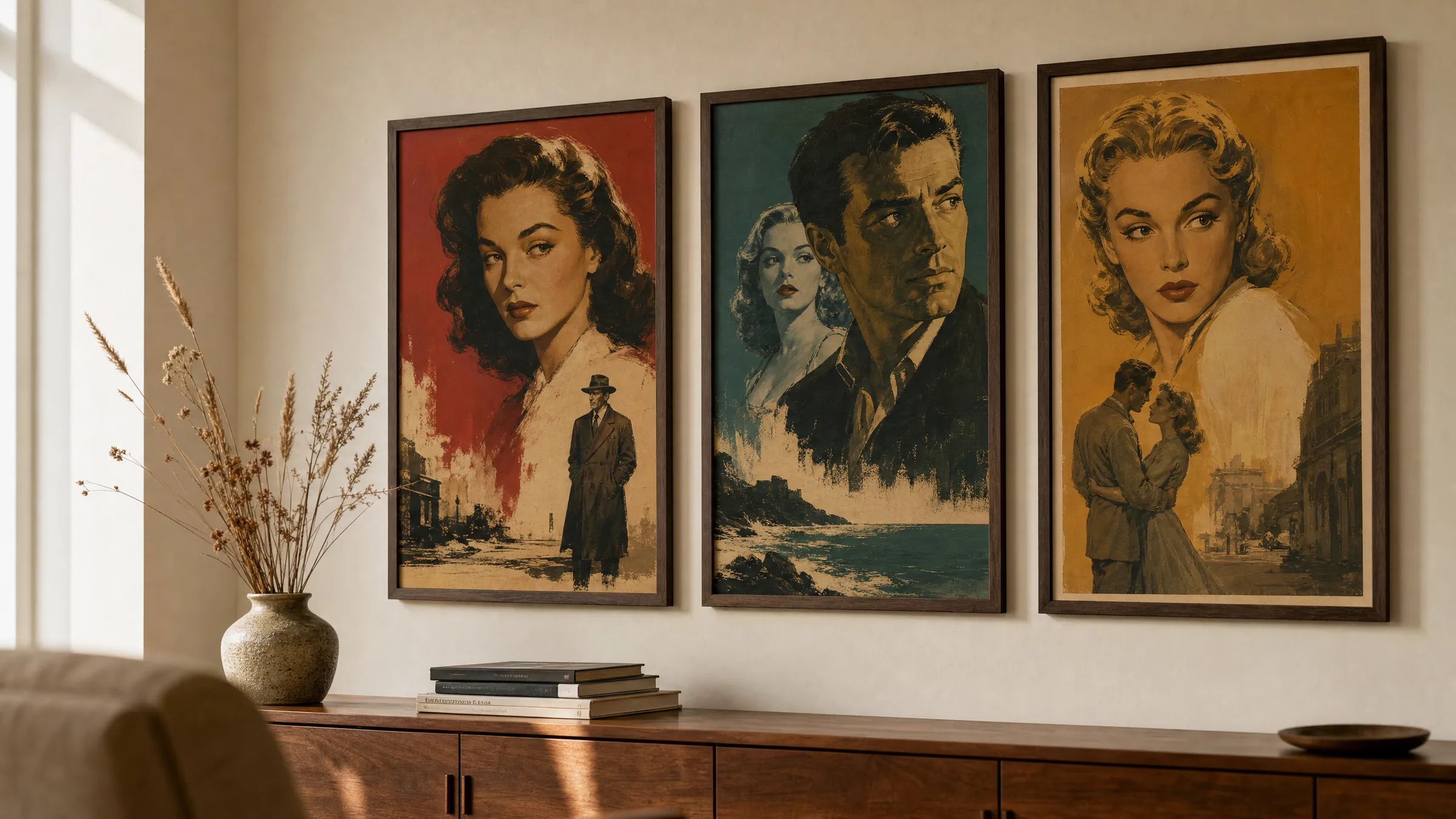 Wohnraum mit gerahmten Filmplakaten der 50er Jahre über einem Holzsideboard