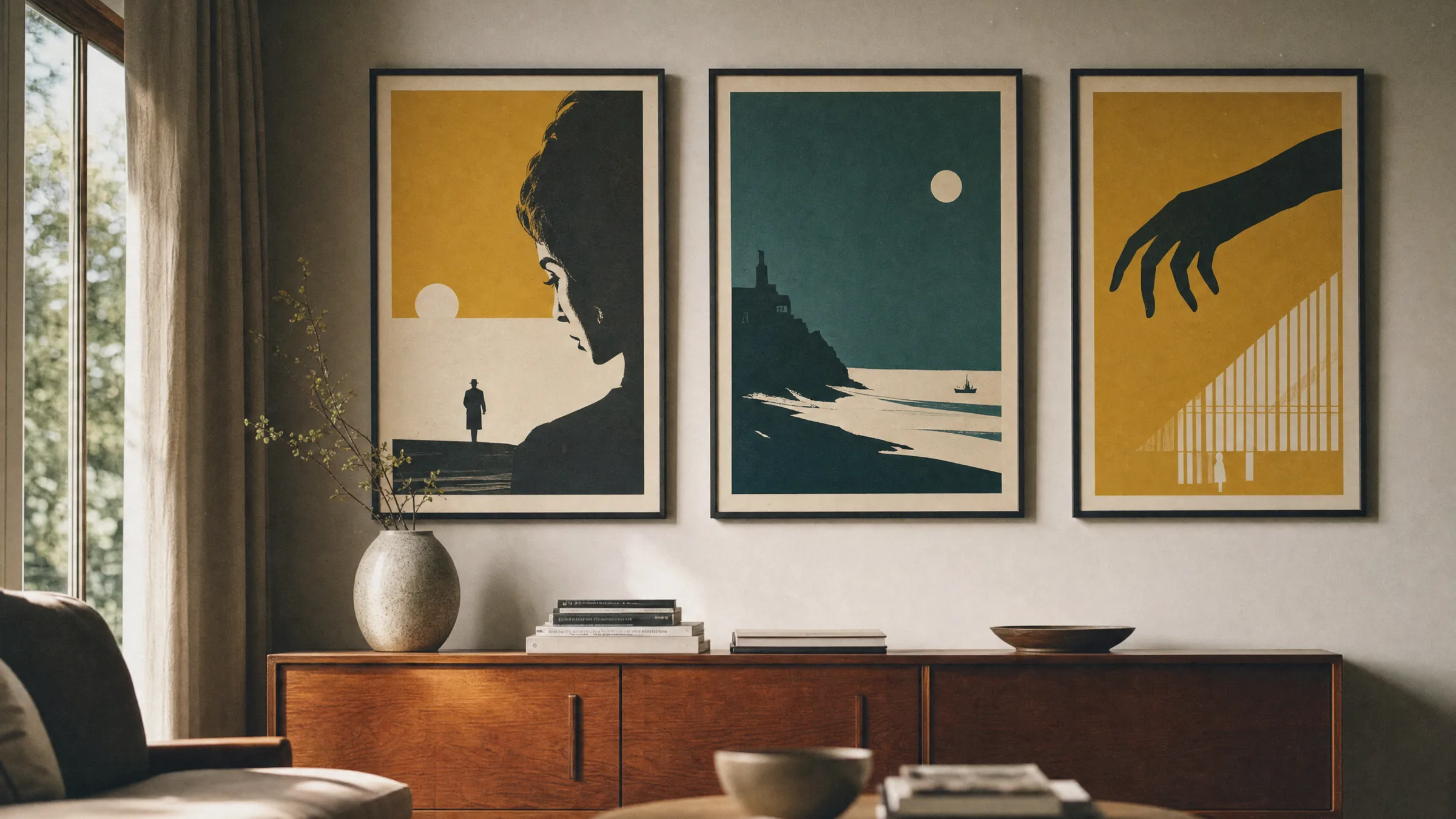Wohnzimmerwand mit gerahmten Reproduktionen von Filmplakaten aus den 60er Jahren