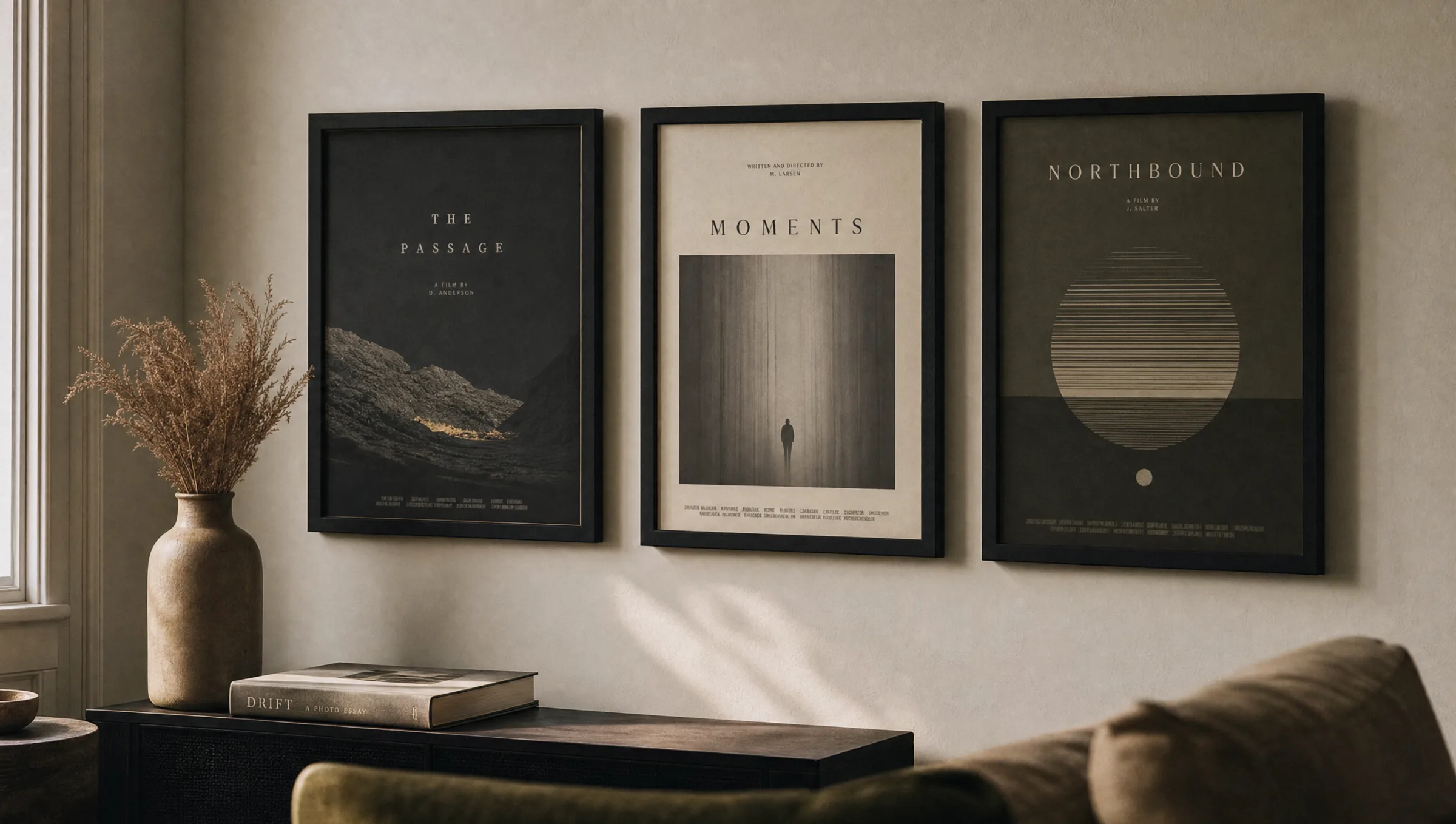 Wohnzimmerwand mit gerahmten Filmplakaten in ruhiger Editorial-Anmutung