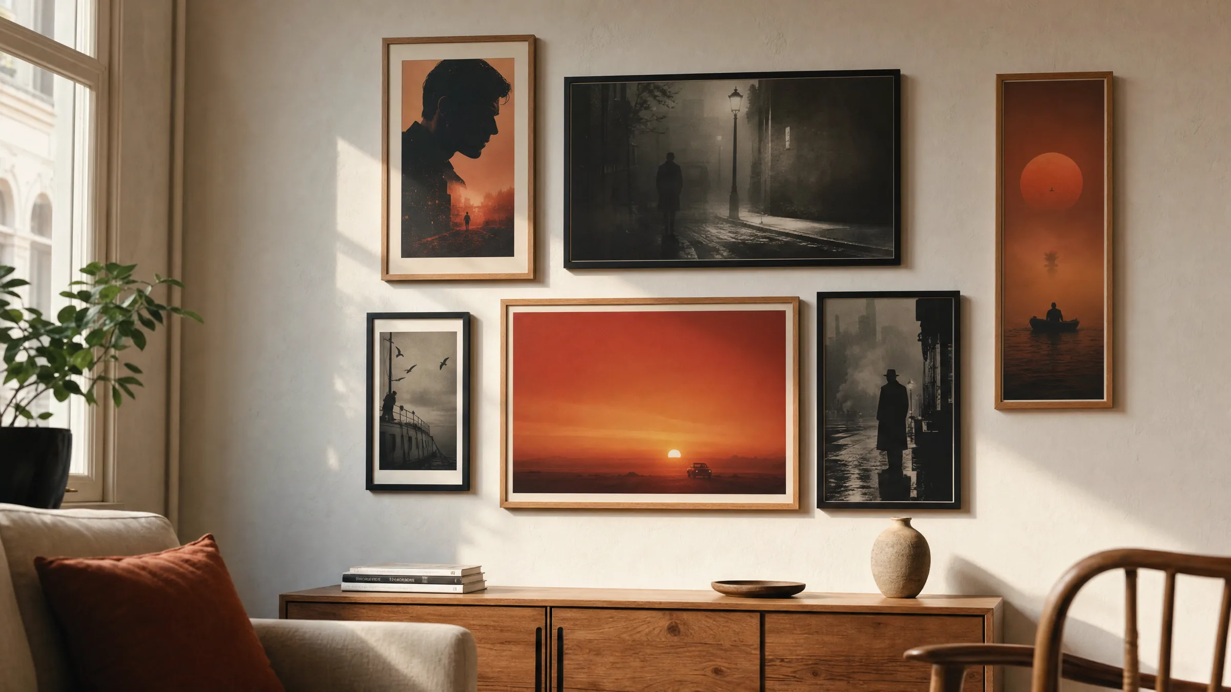 Wohnzimmer mit gerahmten Filmplakaten über einem Sideboard aus Eichenholz