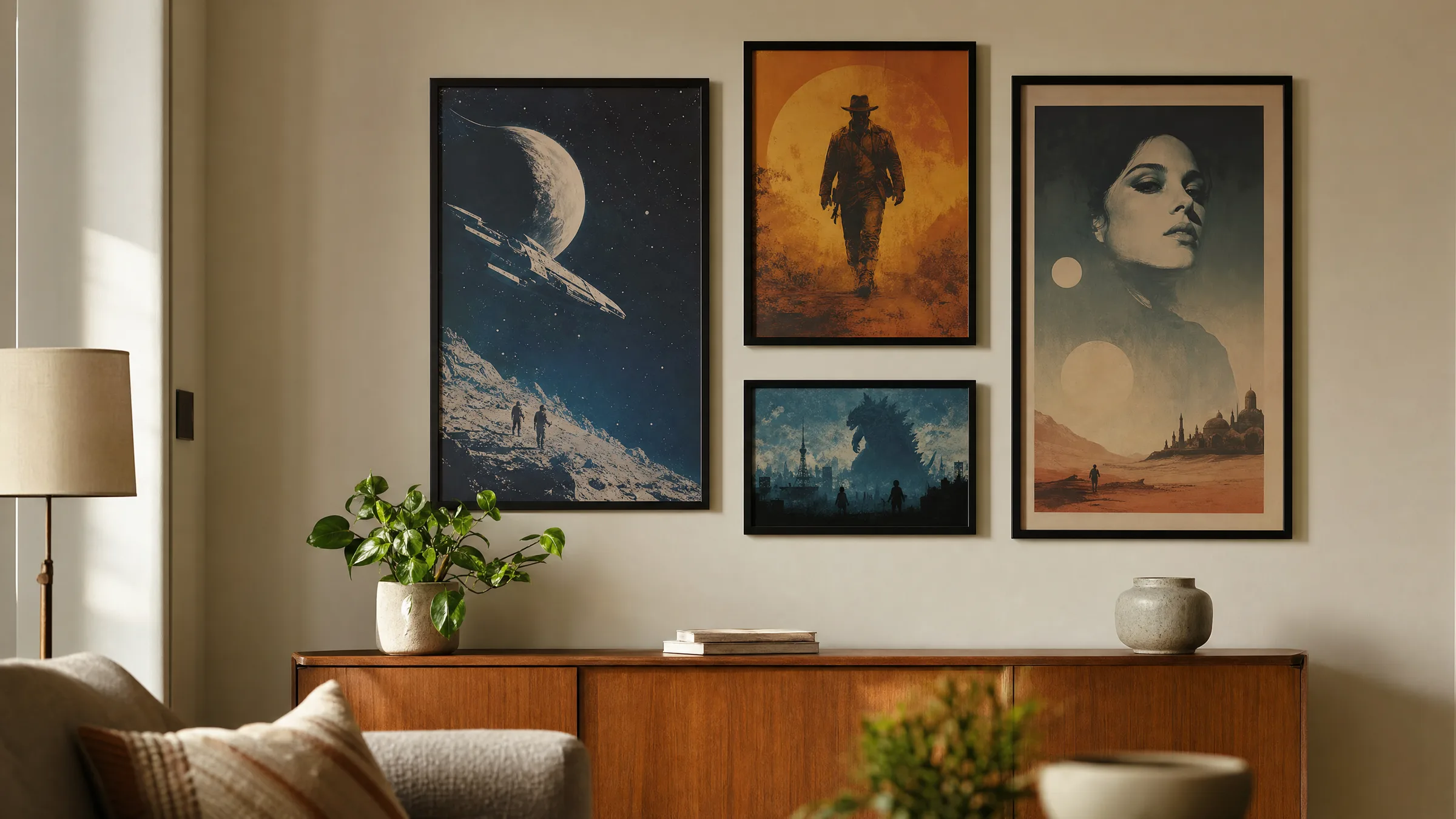 Mehrere gerahmte Filmposter aus verschiedenen Epochen an einer hellen Wohnzimmerwand