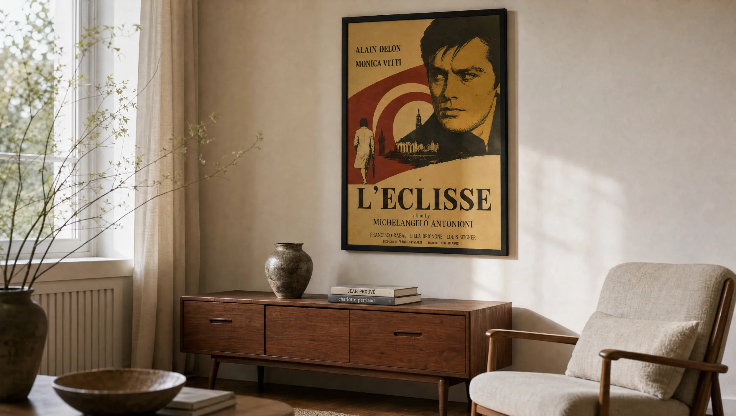 Wohnraum mit gerahmtem Filmposter Vintage über einem Sideboard aus Holz