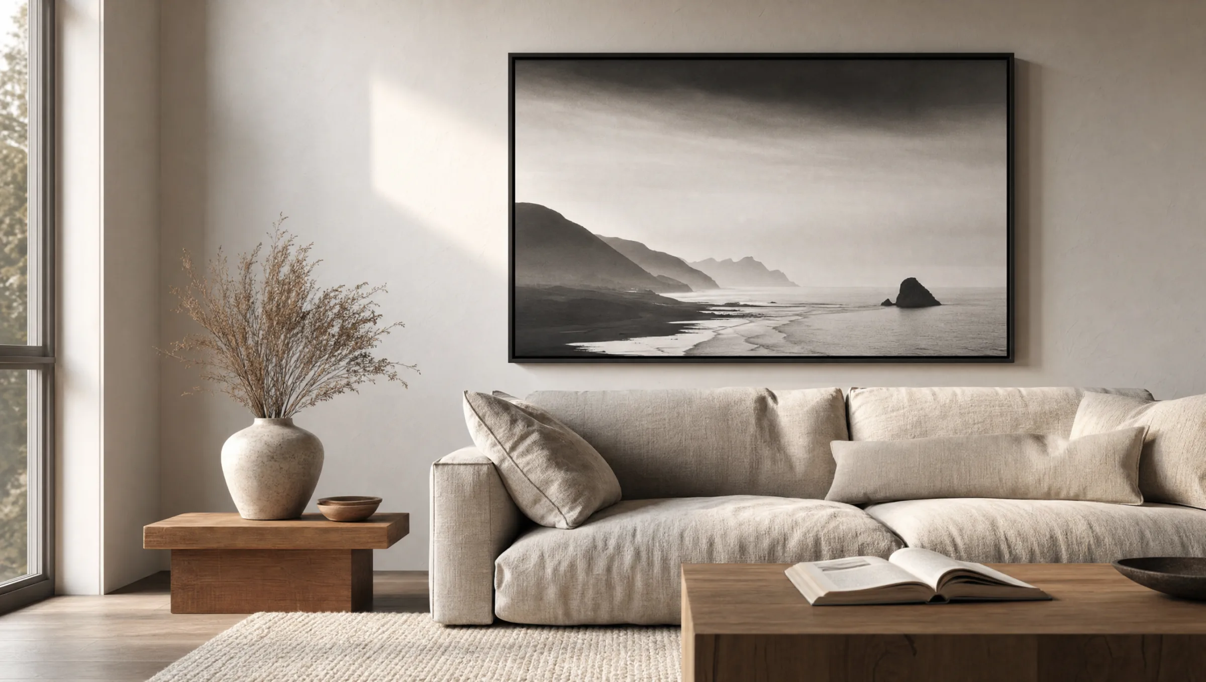 Wohnzimmer mit großformatiger schwarzweiß Fotografie über einem Sofa, ruhiges Tageslicht