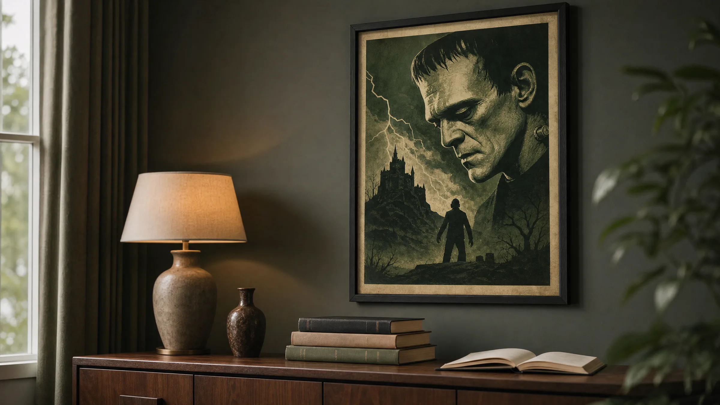 Framed Frankenstein poster in classic film poster style above a dark walnut sideboard