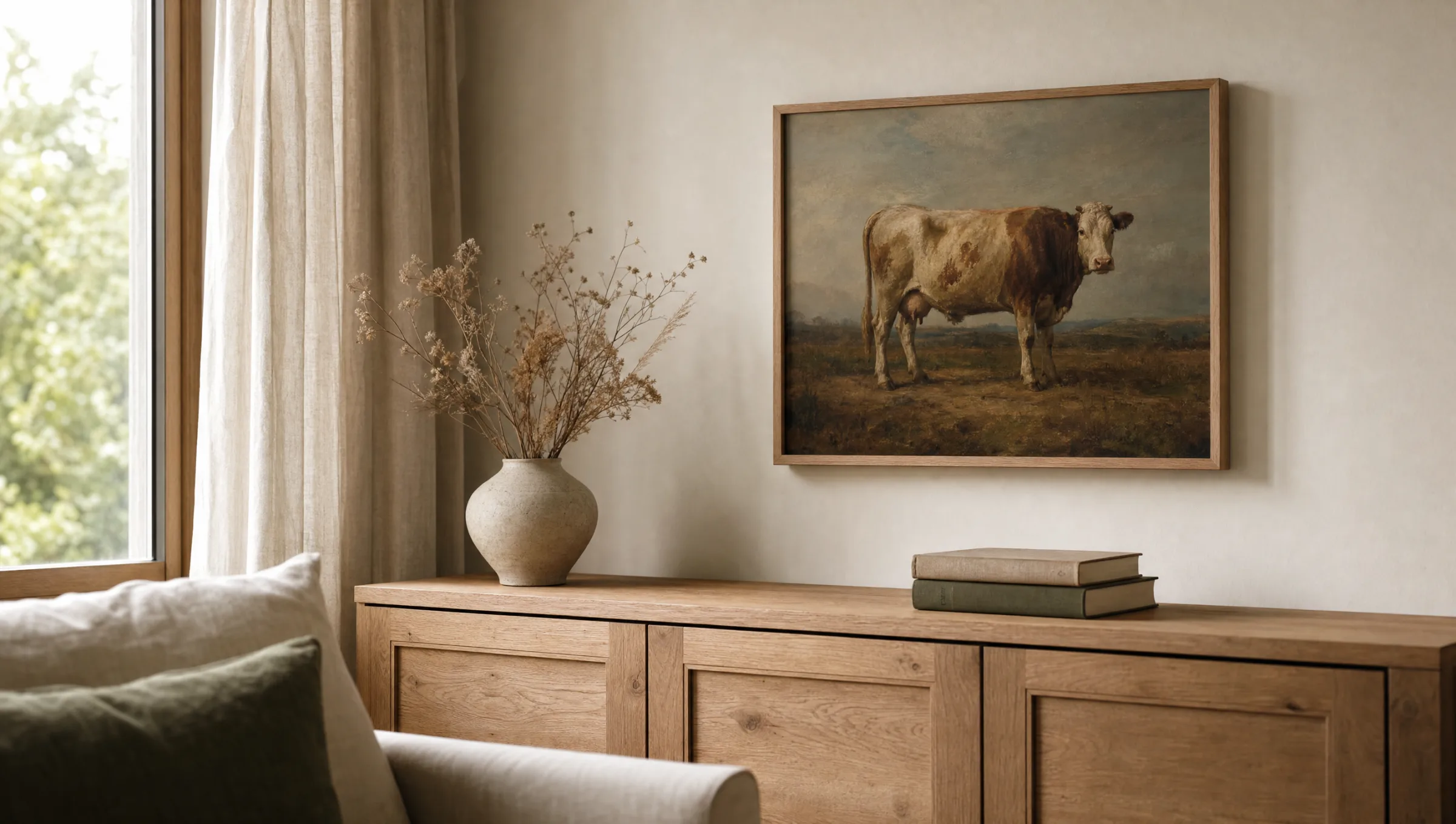 Gerahmtes Wandbild mit gemalter Kuh über einem hellen Holzsideboard