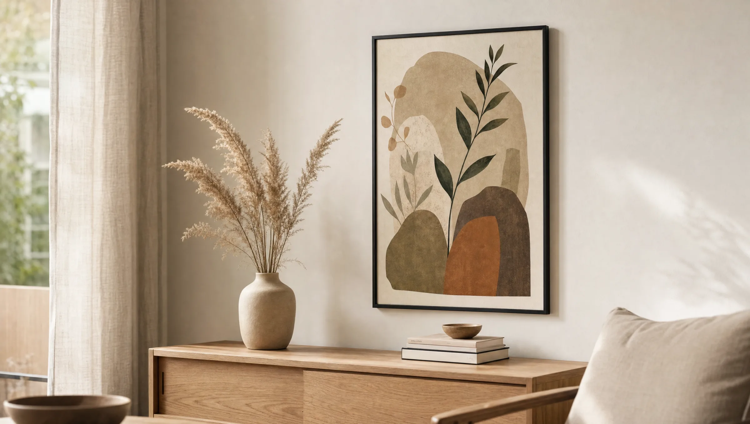 Grosses Poster im Hochformat über einem hellen Sideboard in einem ruhigen Wohnraum