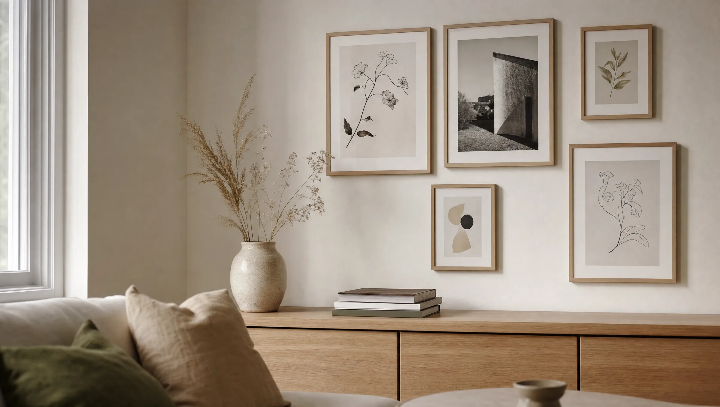 Living room wall with several affordable posters in different formats arranged in a calm composition