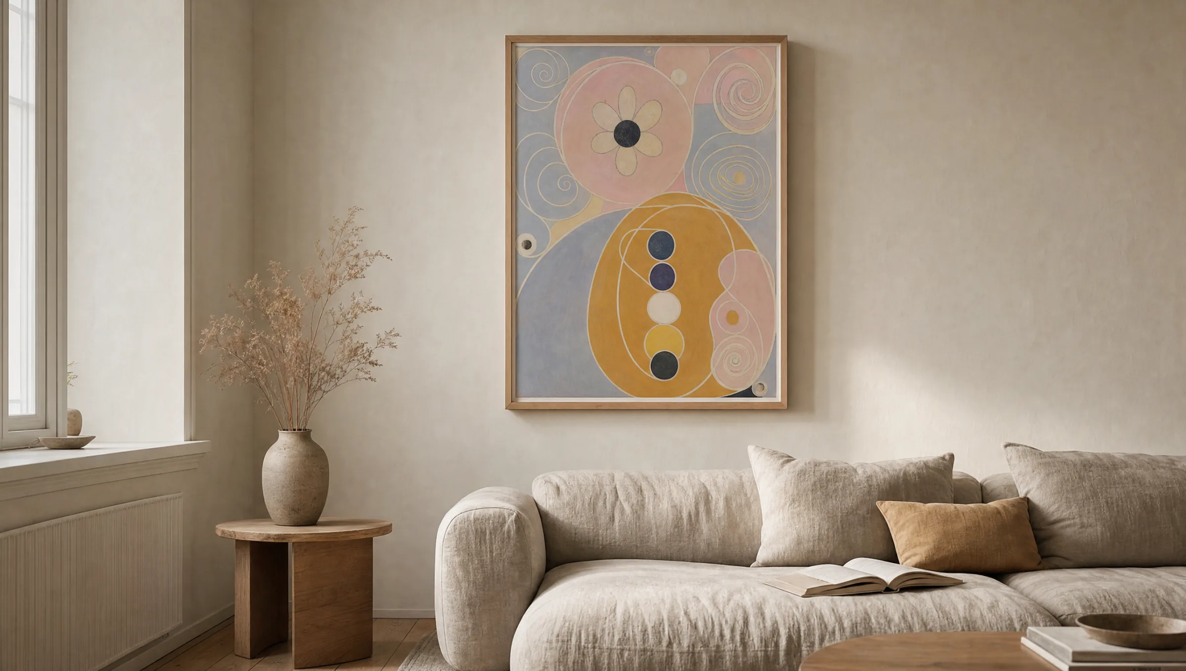 Wohnzimmer mit großformatigem Hilma af Klint Poster über einem Sofa