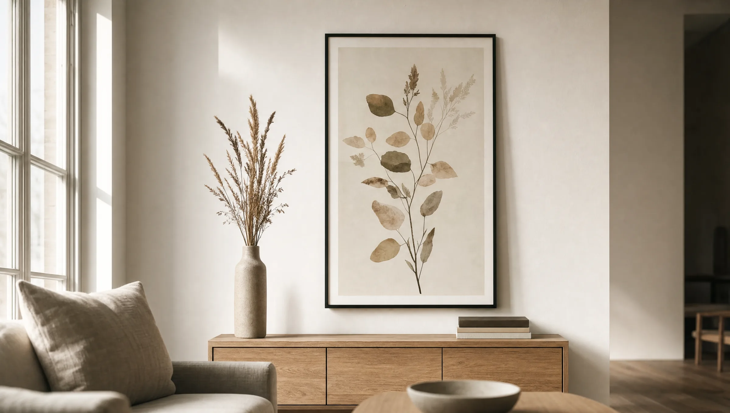 Portrait format framed art print hanging above a plain oak sideboard in a bright living room