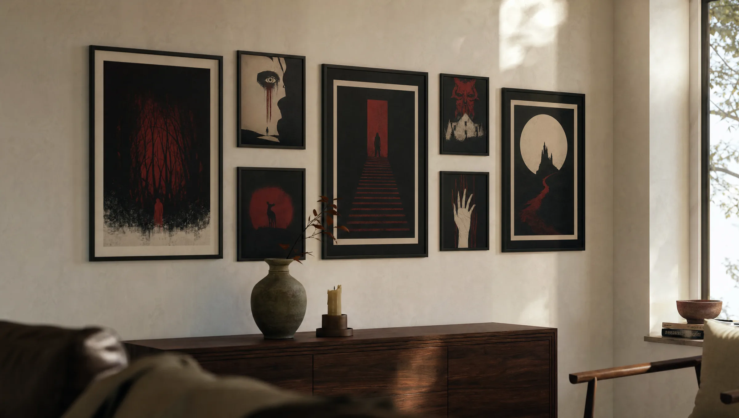 Wohnzimmerwand mit kuratierter Hängung gerahmter Horror Movie Posters in gedeckten Farben