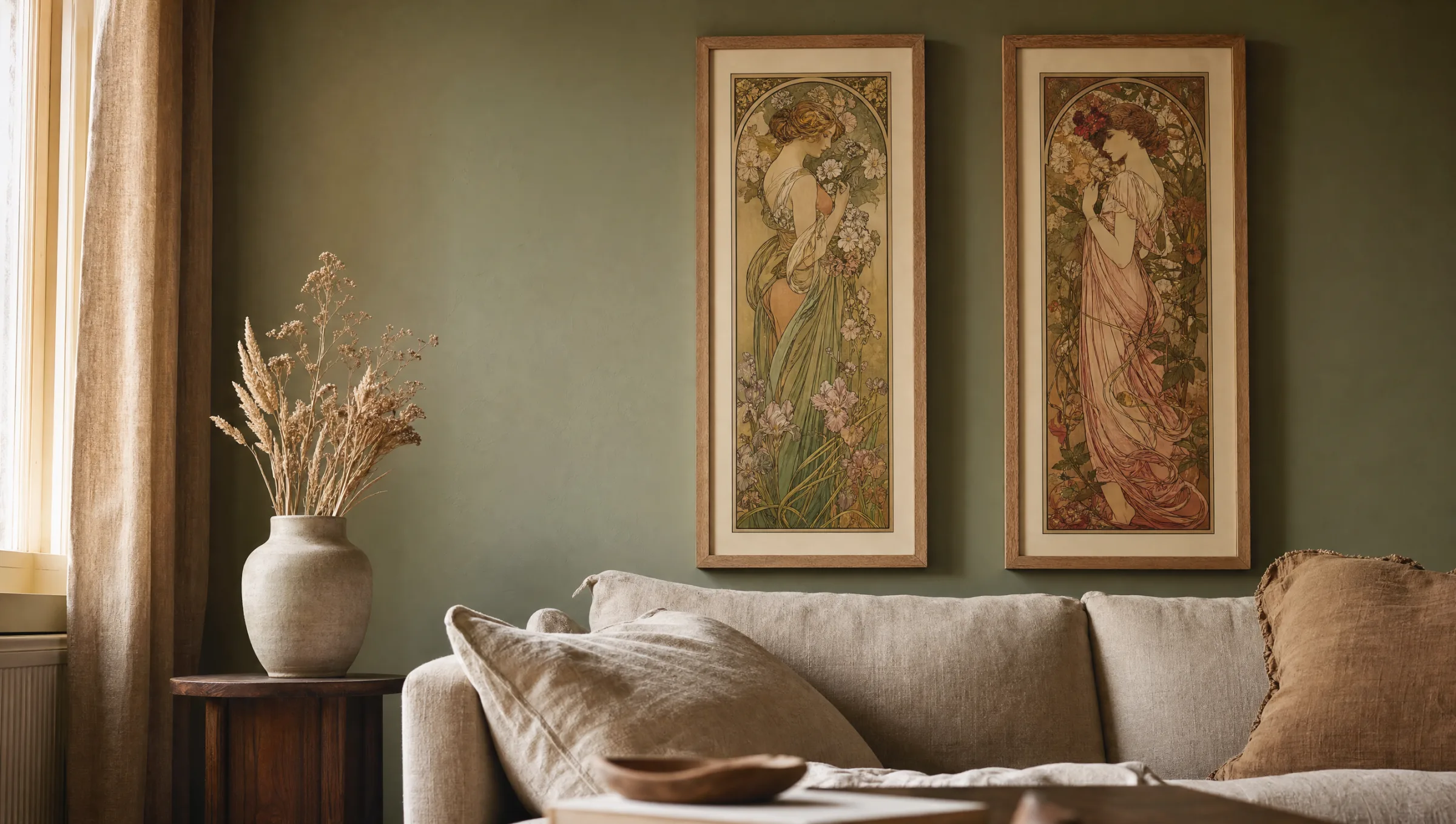 Living room wall with framed art nouveau posters above a linen sofa