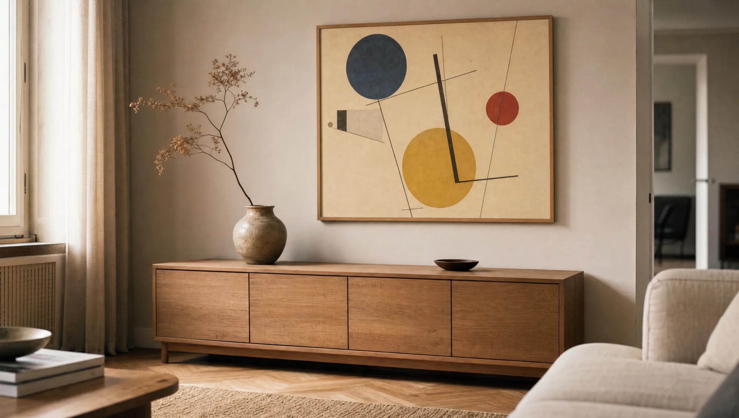 Wohnraum mit gerahmtem Kunstdruck im Stil von Kandinsky über einem hellen Sideboard