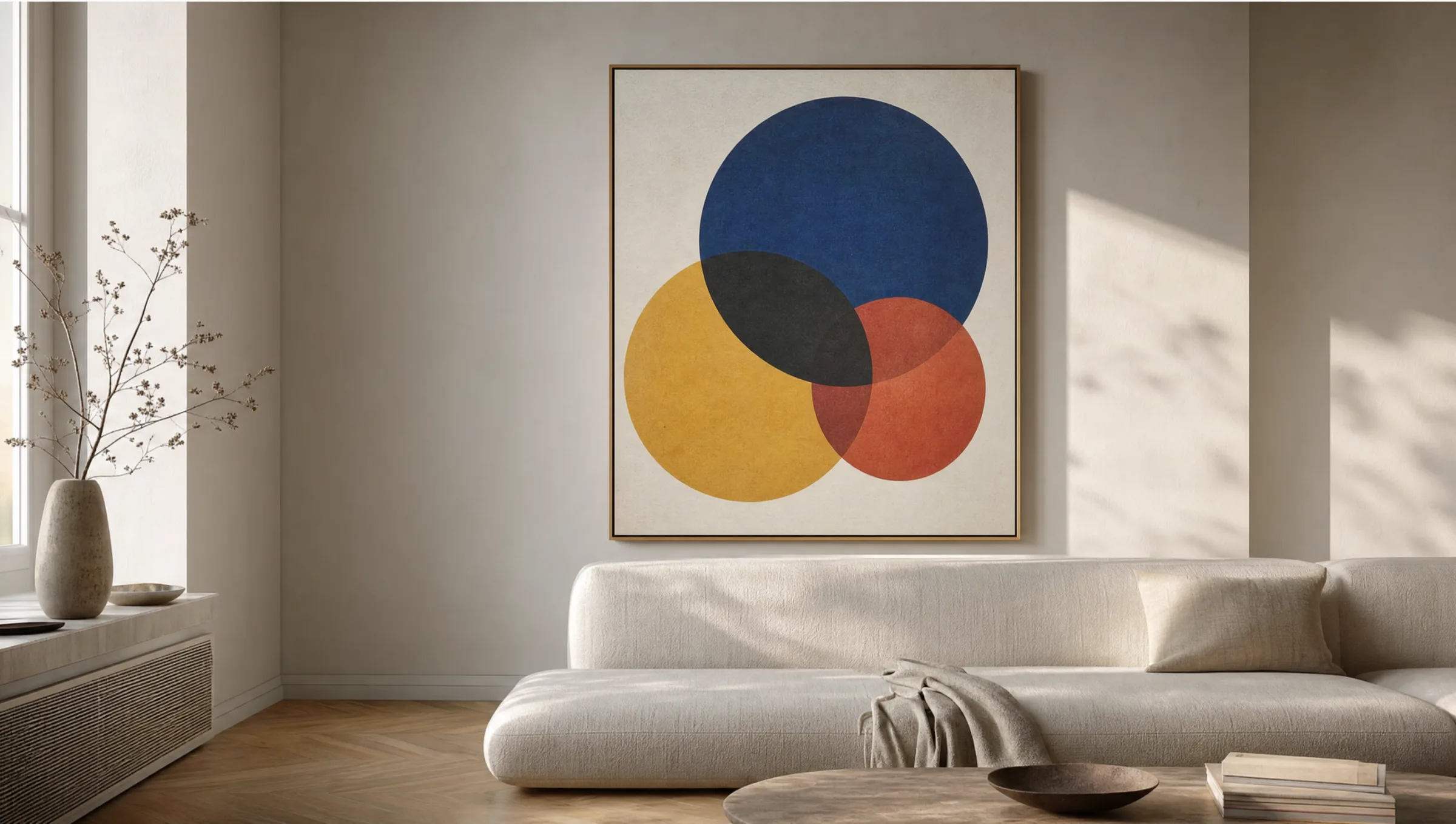 Large-format art print featuring a Kandinsky circle motif in a calm, light-filled living room