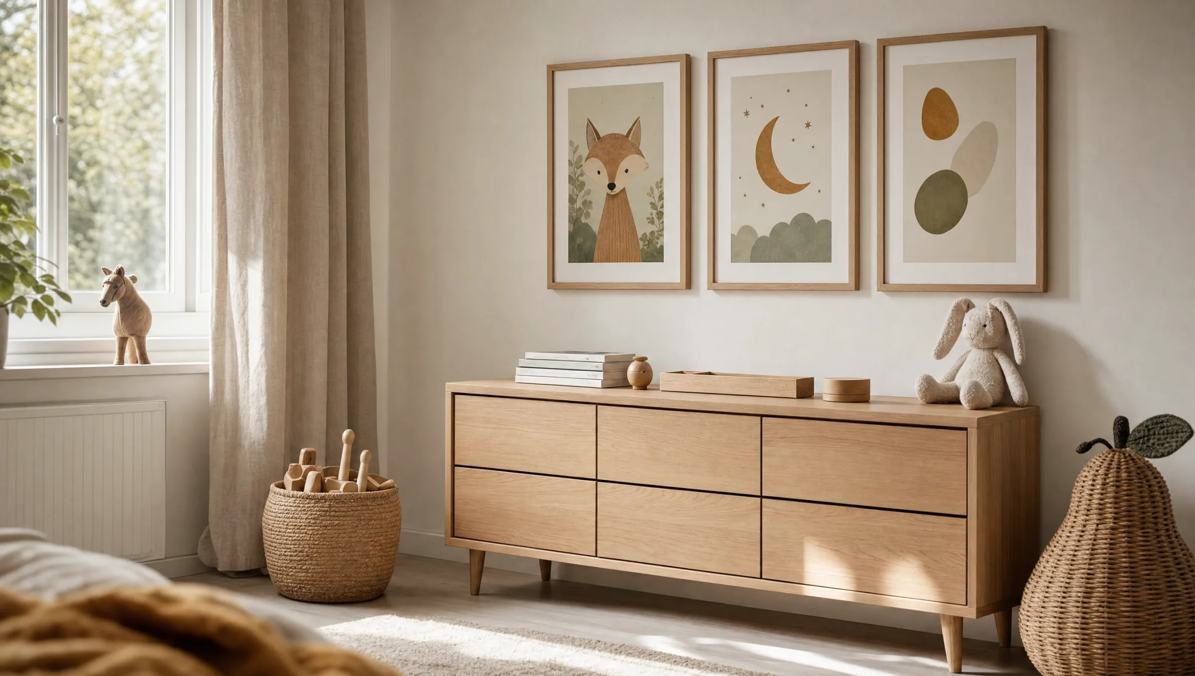 Helles Kinderzimmer mit gerahmten Kindermotiven über einer hellen Holzkommode