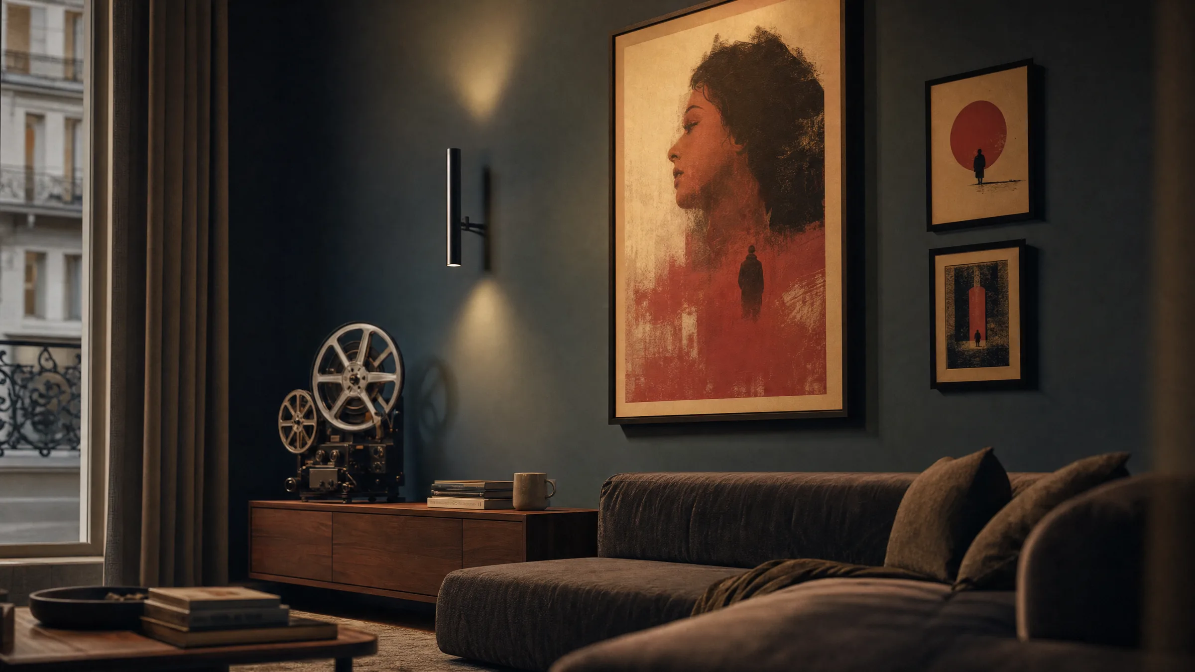 Wohnzimmer mit filmischer Kino Deko, großformatigem Poster über dem Sofa und warmer indirekter Beleuchtung