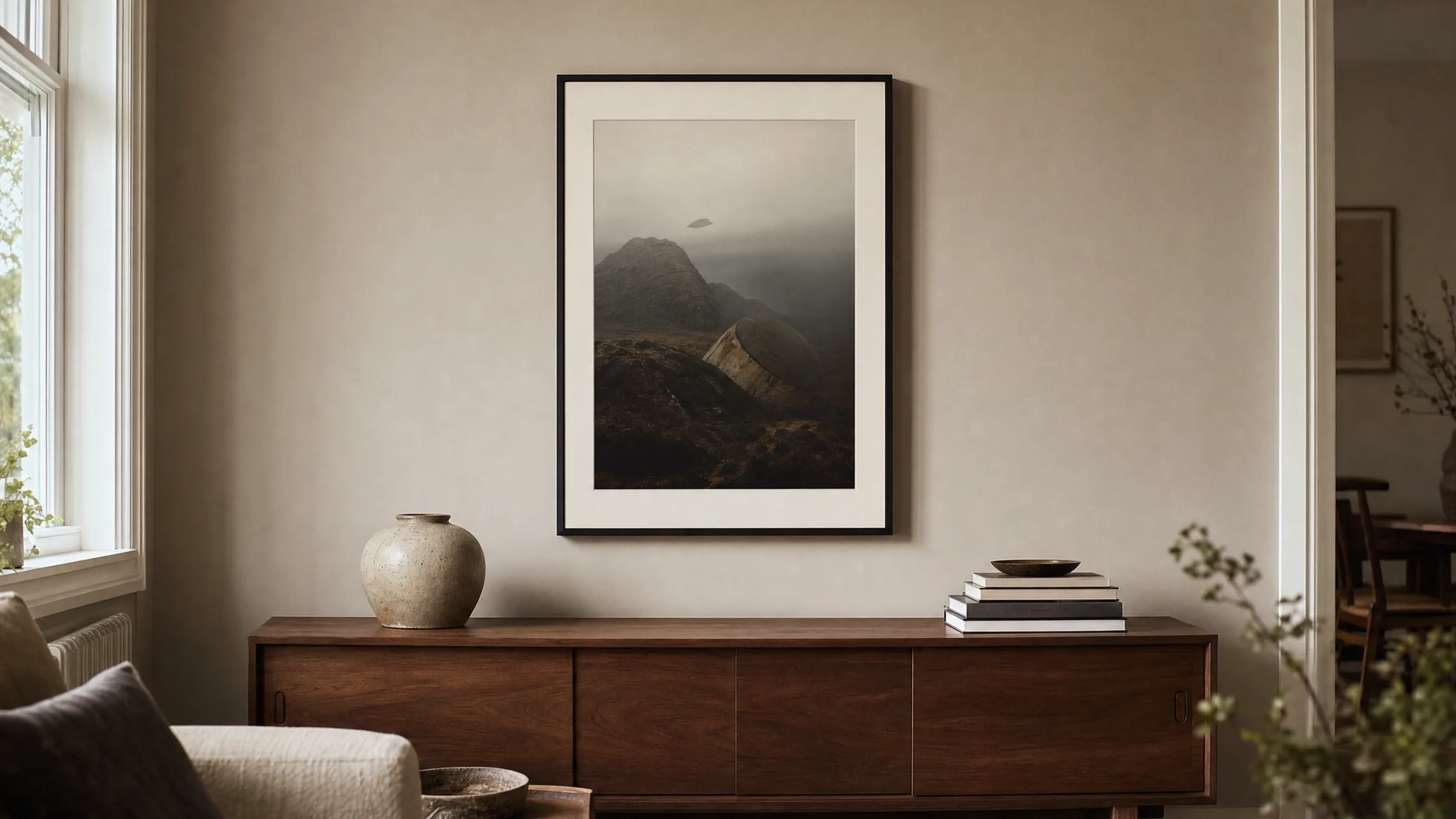 Gerahmtes Kino Poster über einem Sideboard in einem ruhig eingerichteten Wohnzimmer