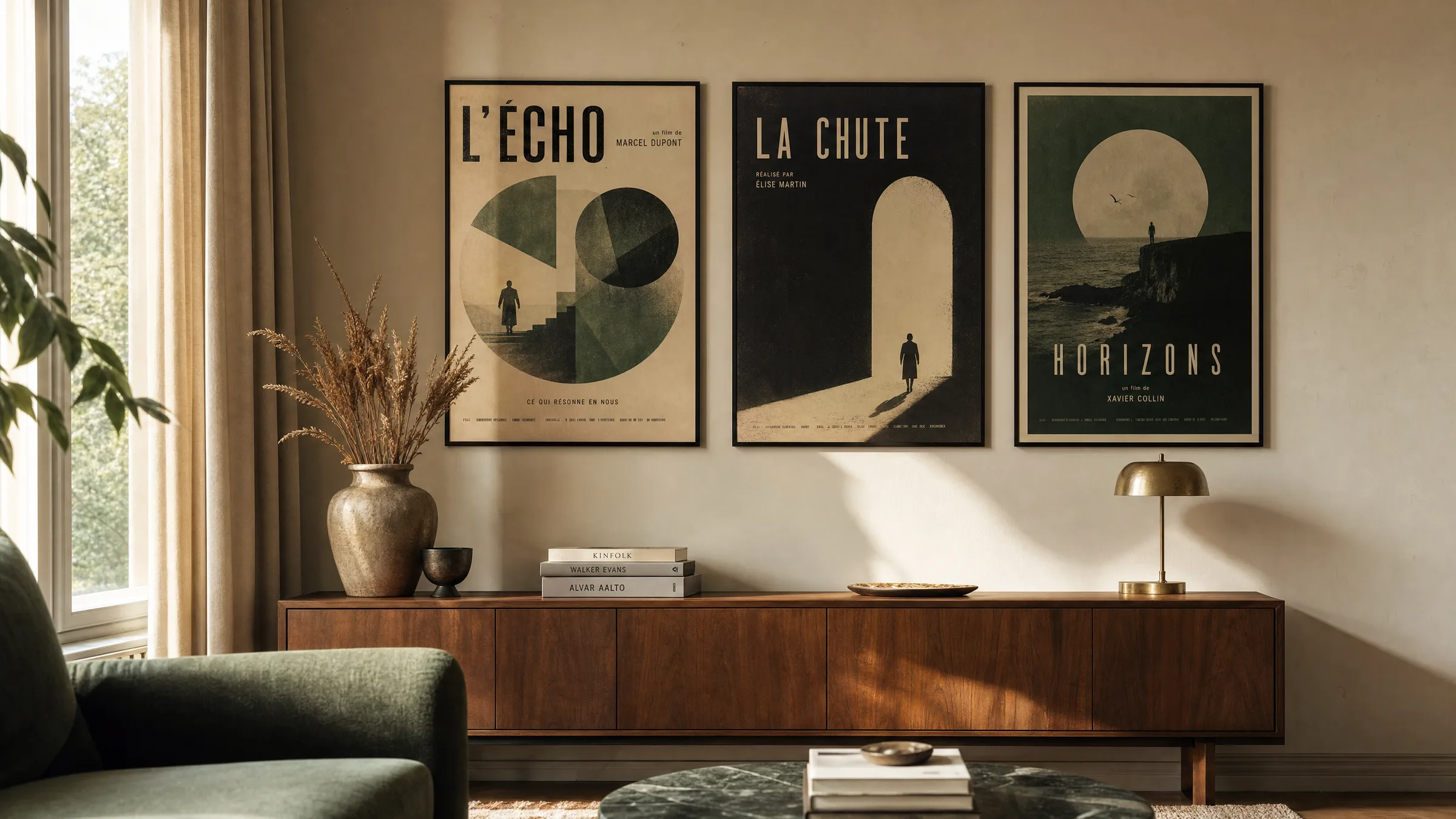 Living room wall with framed film posters hung above a sideboard