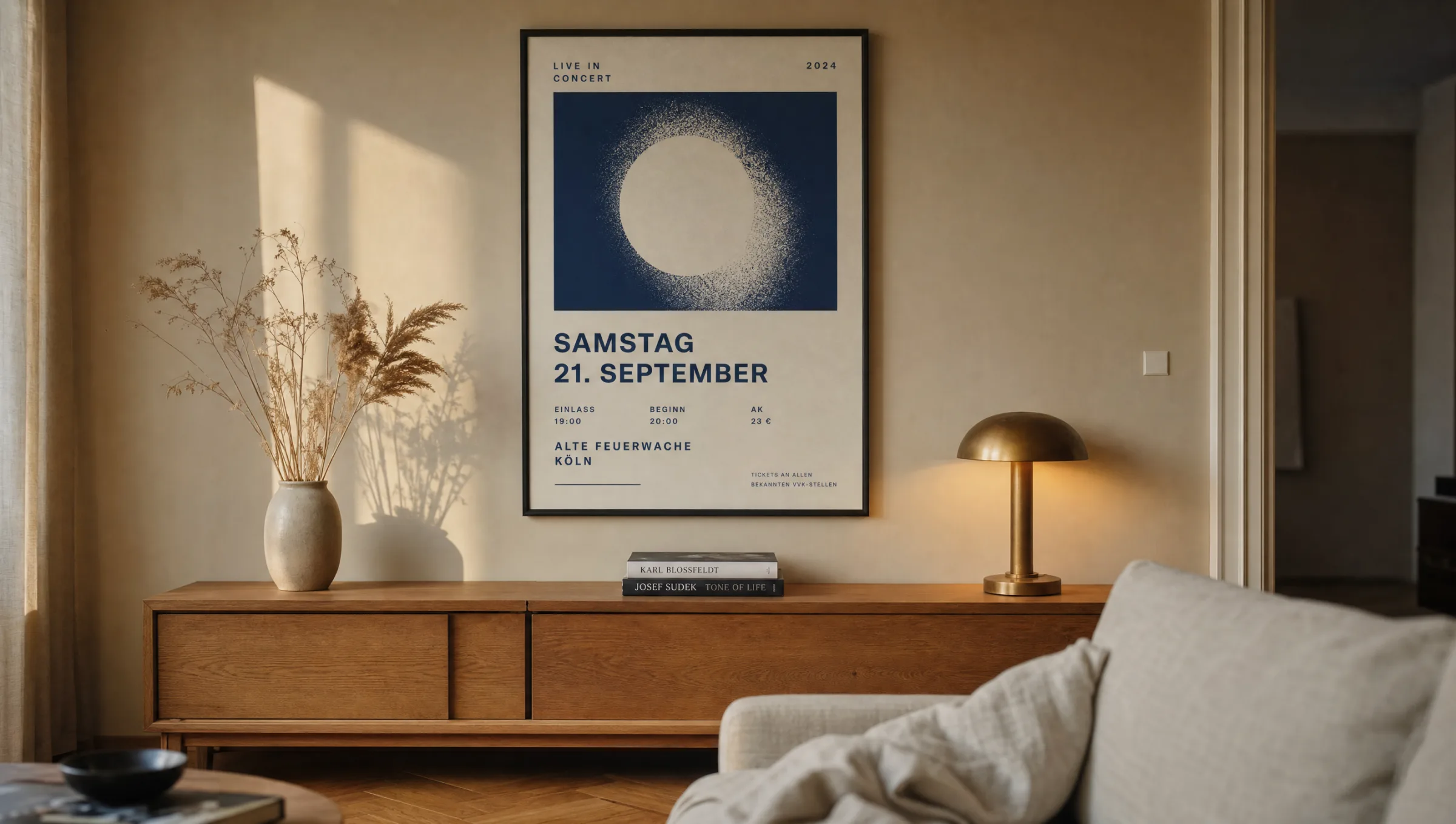 Gerahmtes Konzert Poster über einem hölzernen Sideboard in einem ruhigen Wohnraum