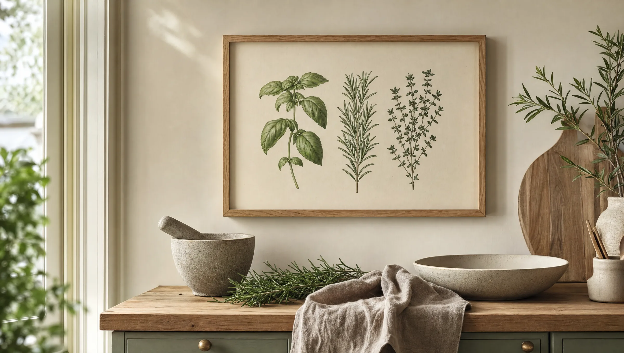Kitchen herbs print as a framed artwork above a light kitchen worktop with a mortar and fresh herbs