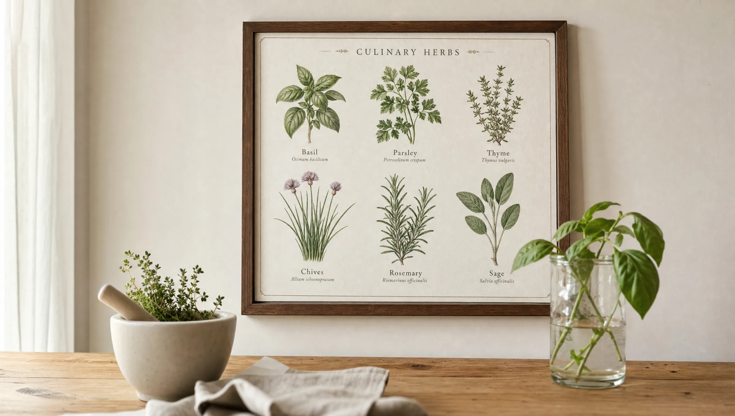 Redaktionelle Küchenkräuter Liste mit Bildern als botanische Wandtafel über einem hellen Holztisch