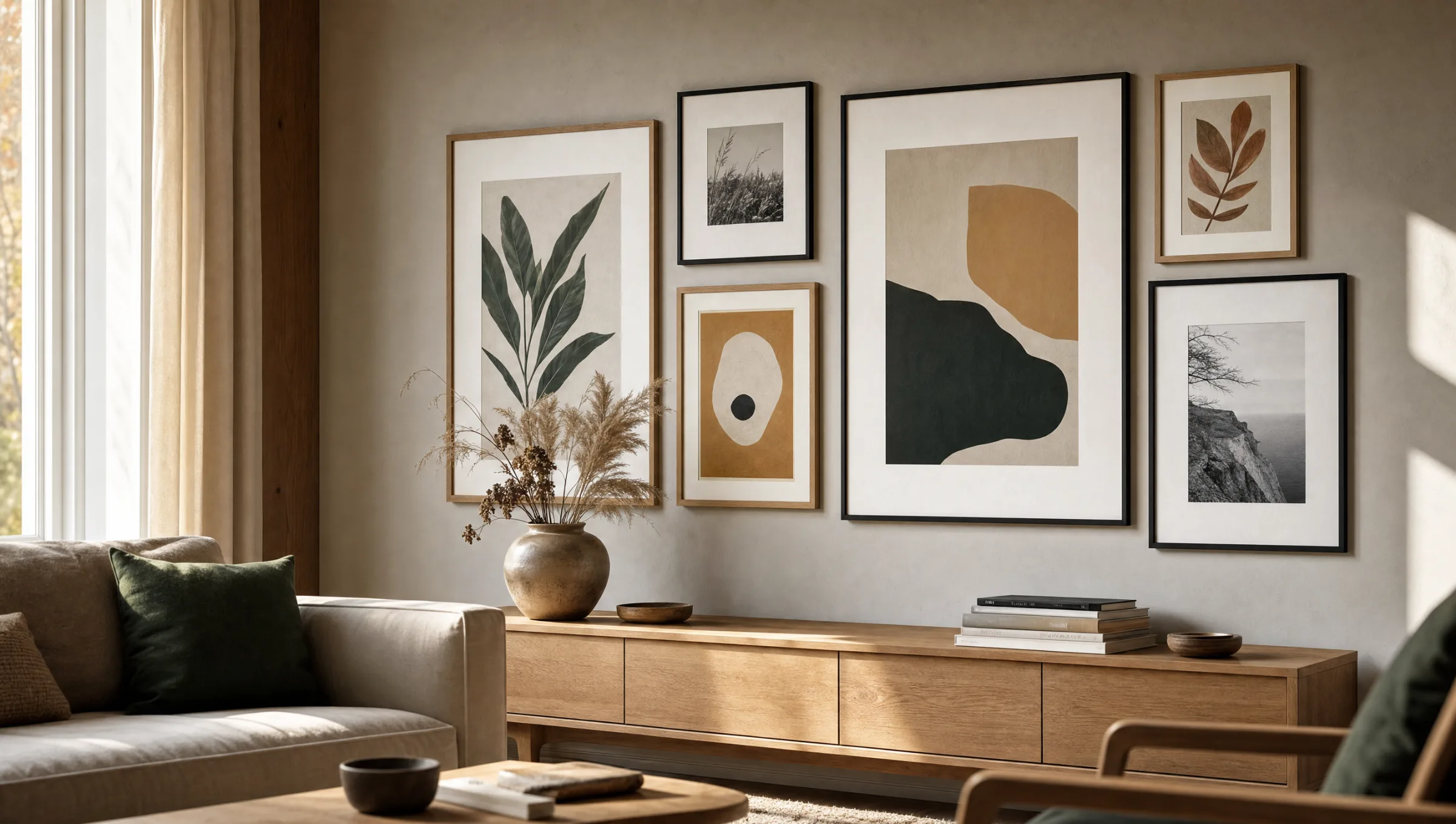 Wohnzimmerwand mit gerahmten Kunstdrucken über einem Sideboard in warmem Tageslicht