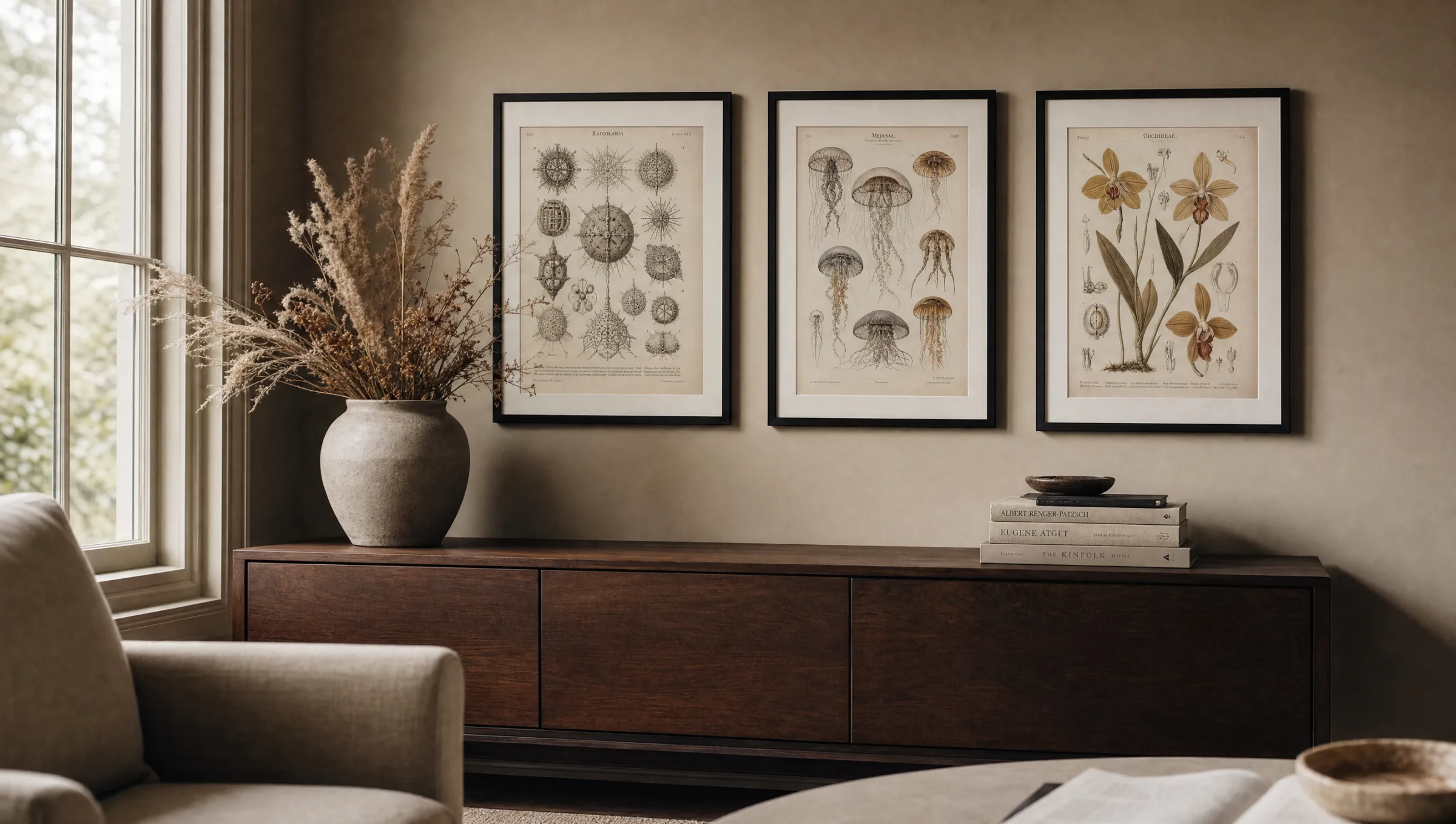 Wohnraum mit gerahmten Tafeln aus Kunstformen der Natur über einem Holzsideboard