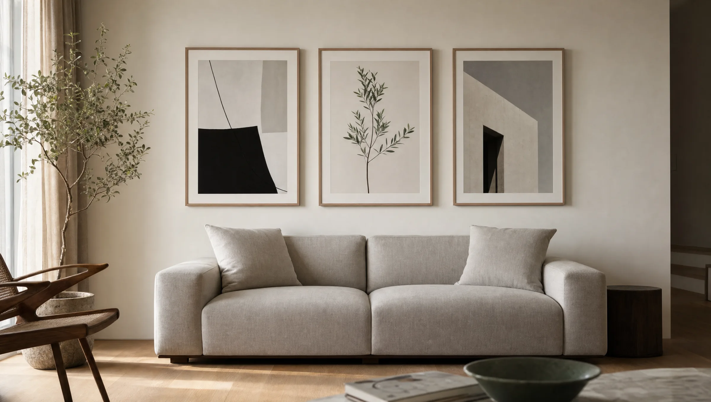 Several art posters in plain wooden frames on a bright living room wall, beneath a linen-grey sofa with decorative cushions