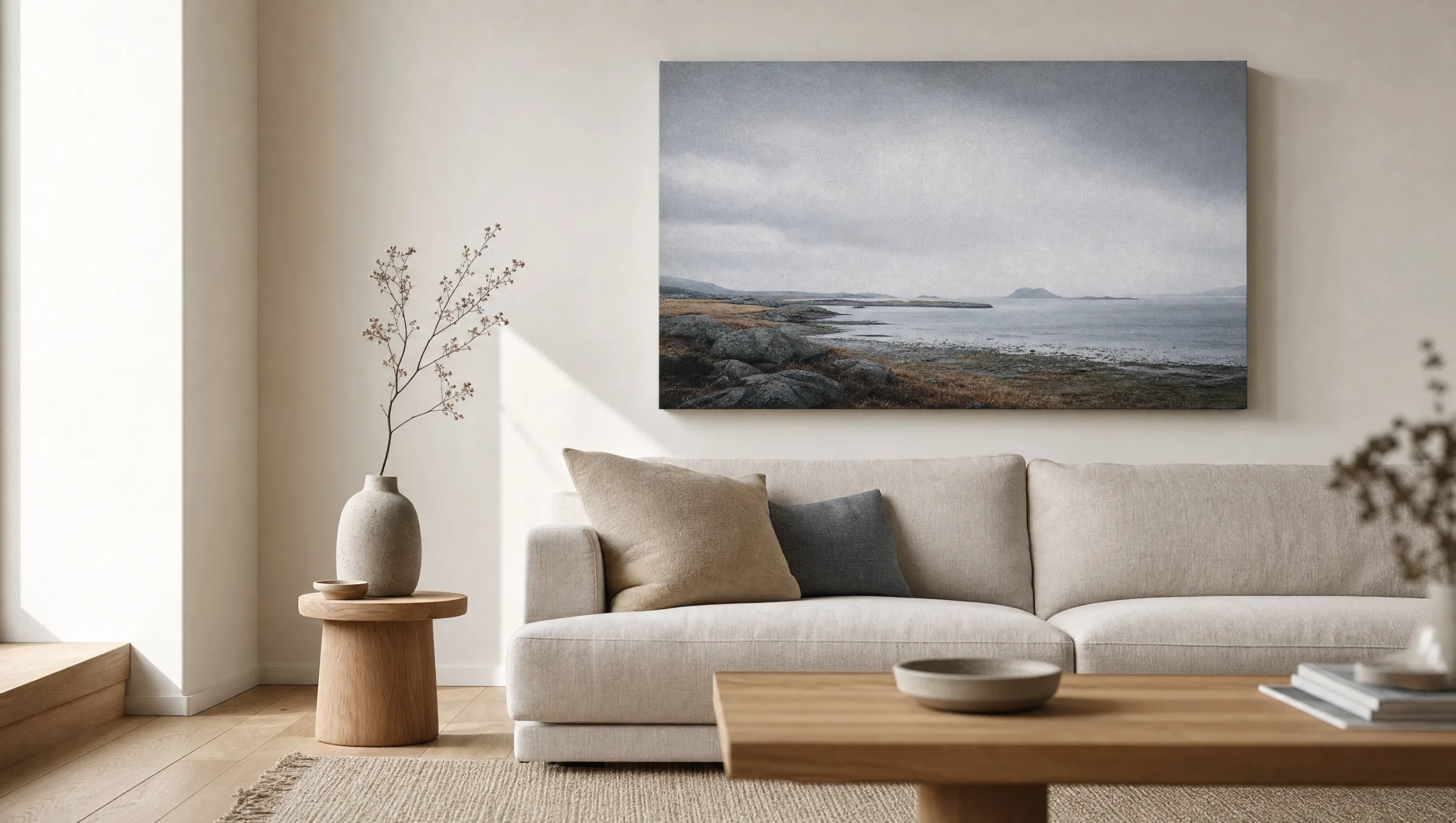 Landscape canvas print hanging above a light sofa in a calm, modern living room