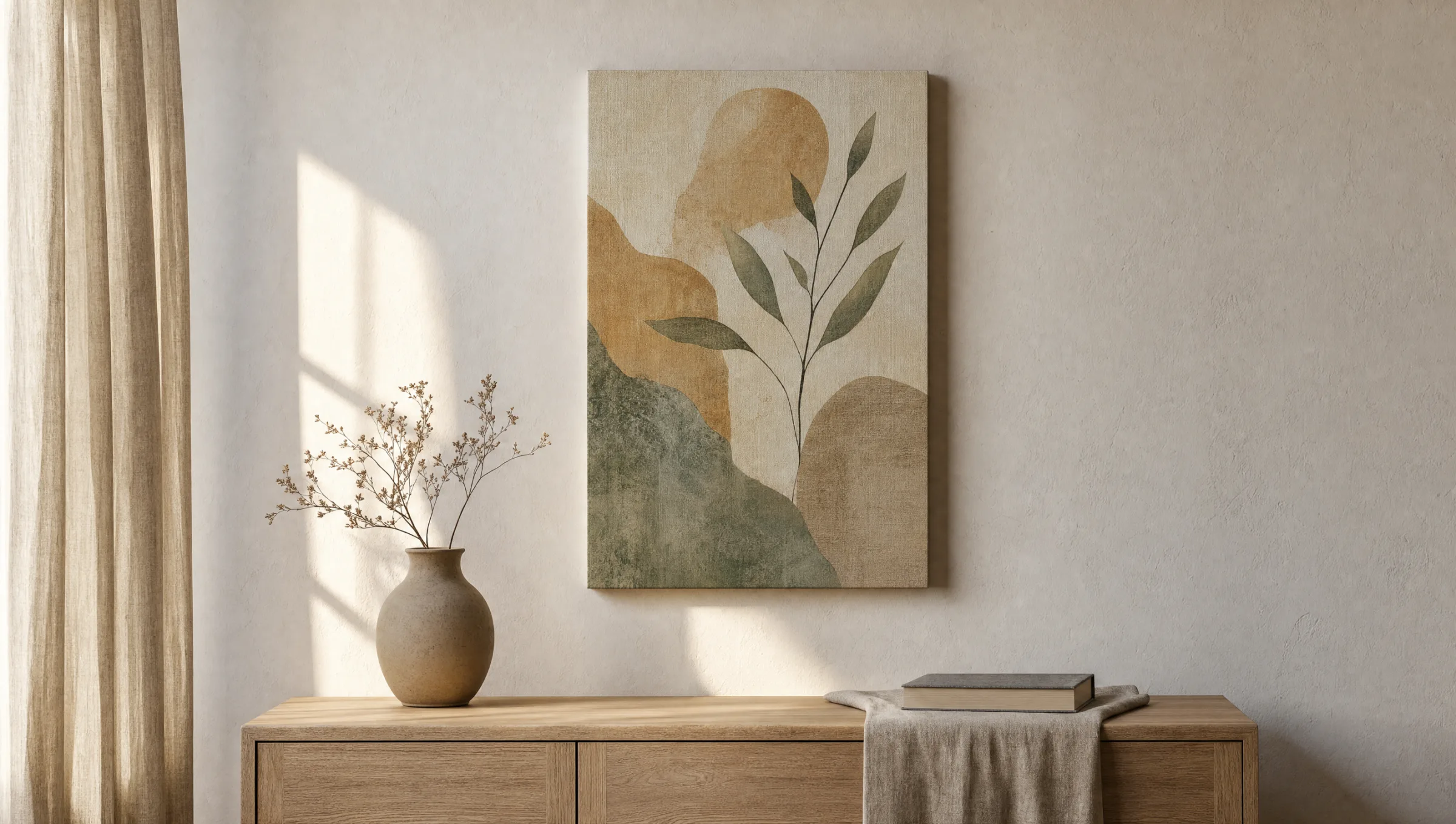 Canvas print 40x60 in portrait format above a light oak sideboard with a ceramic vase and a hardcover book