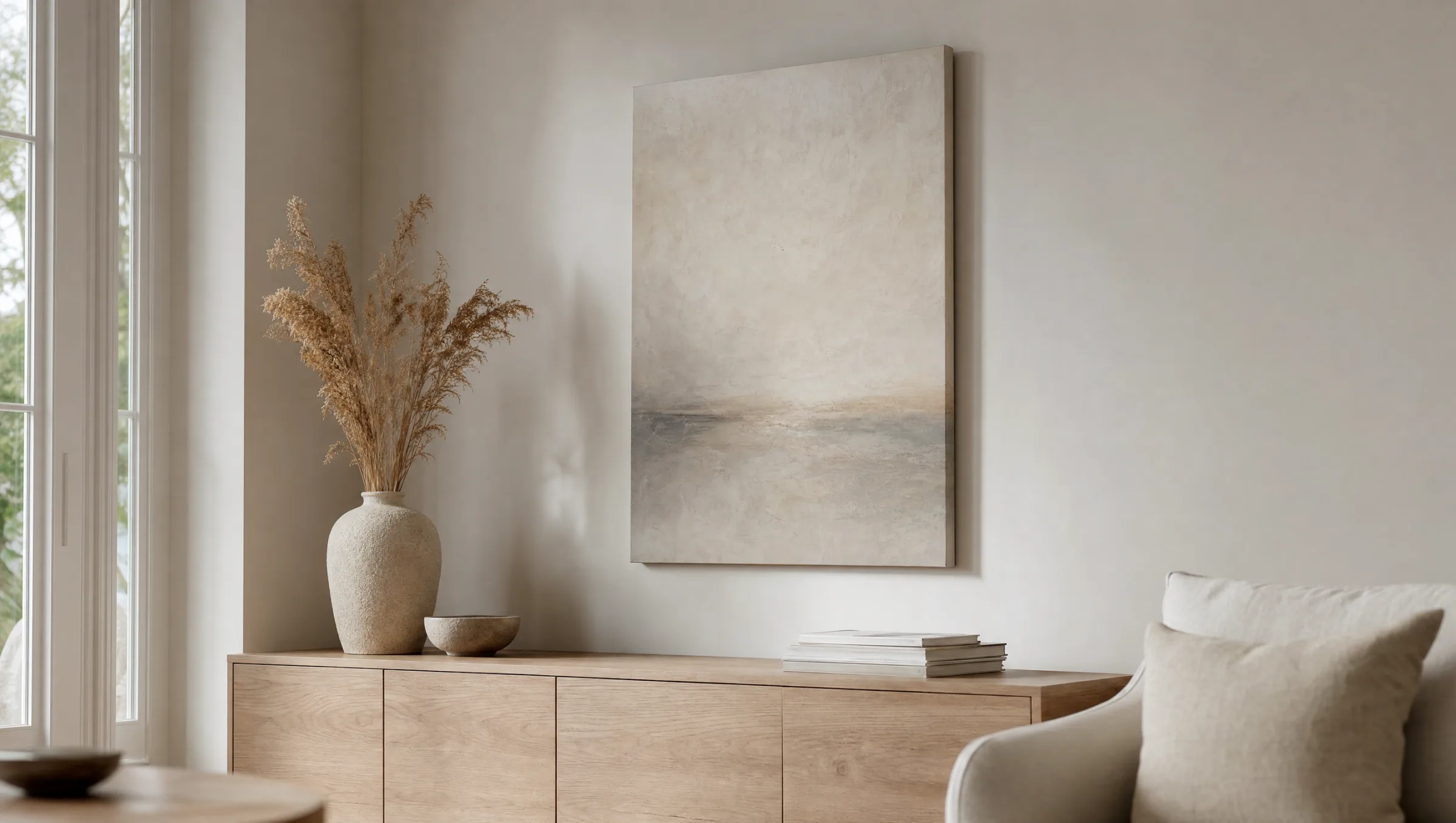 Canvas print in 60x80 cm portrait format above a pale sideboard in a calm, light-filled living room