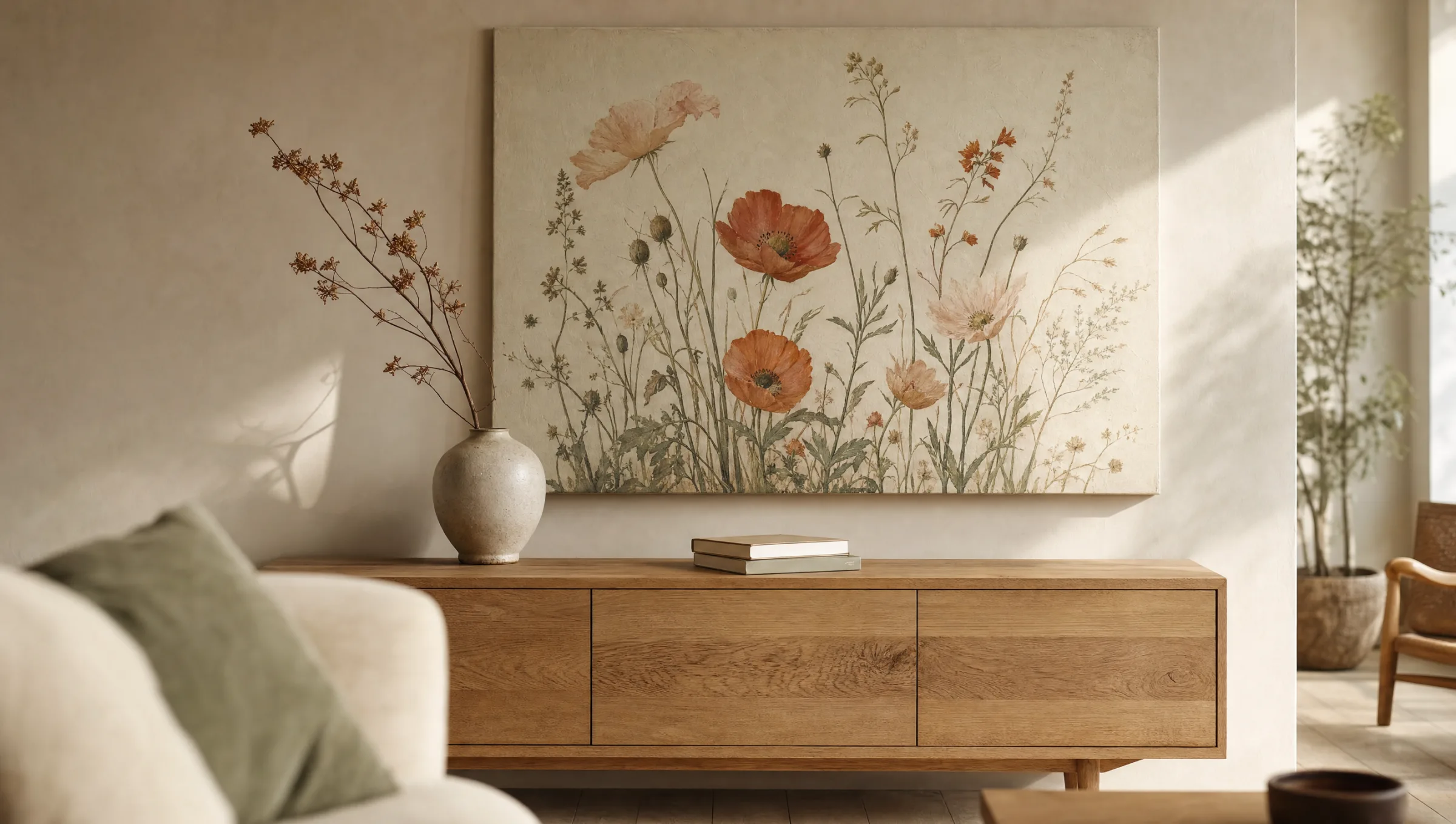 Leinwand mit Blumenmotiv über einer Holzkommode in einem hellen Wohnzimmer