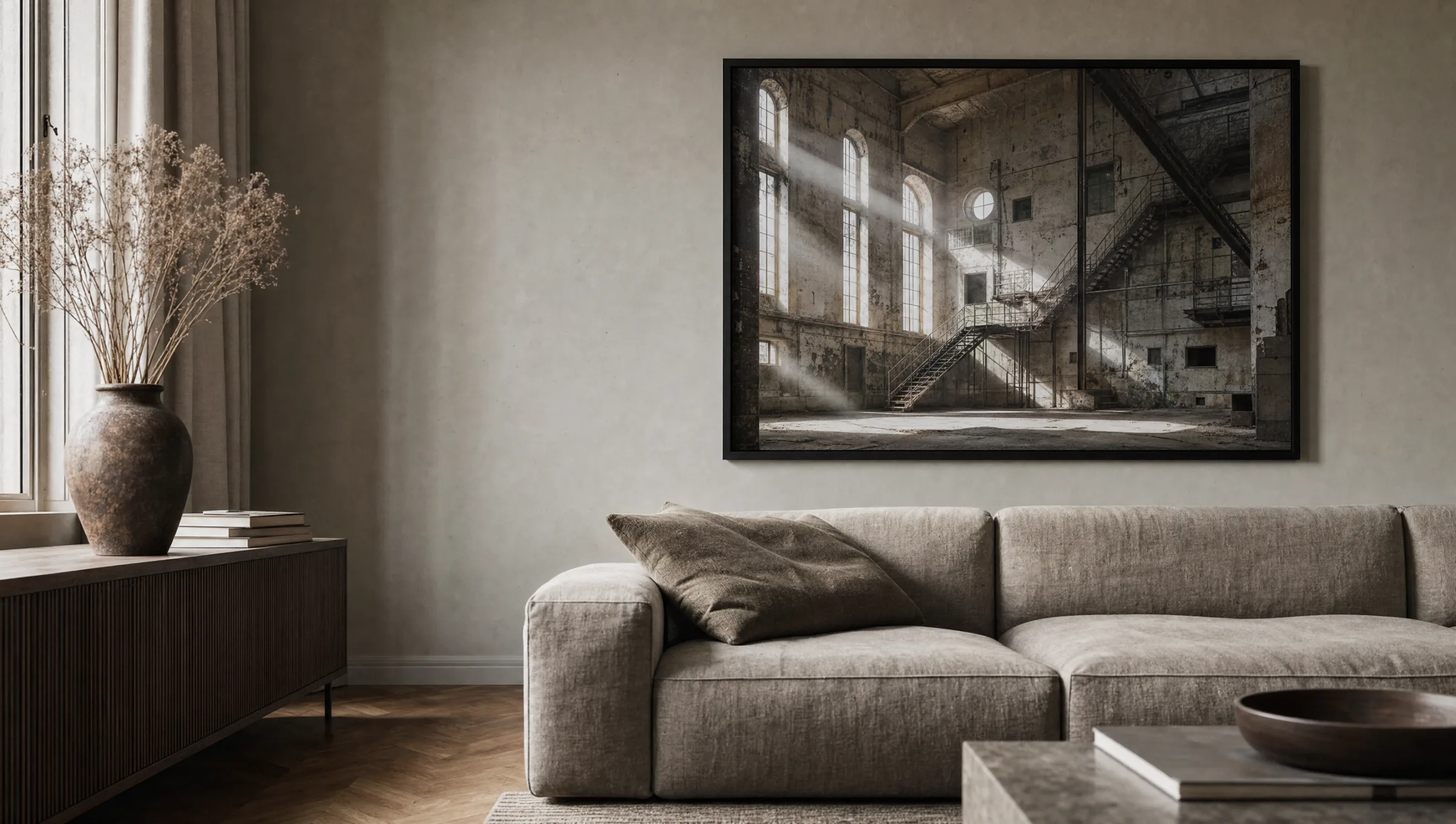 Wohnzimmer mit großformatigem Lost Places Bild einer verlassenen Industriehalle über einem Leinensofa
