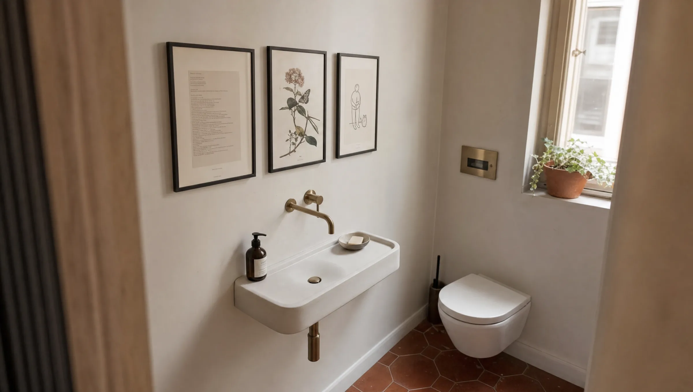 Small guest bathroom with three framed humorous prints arranged above the washbasin