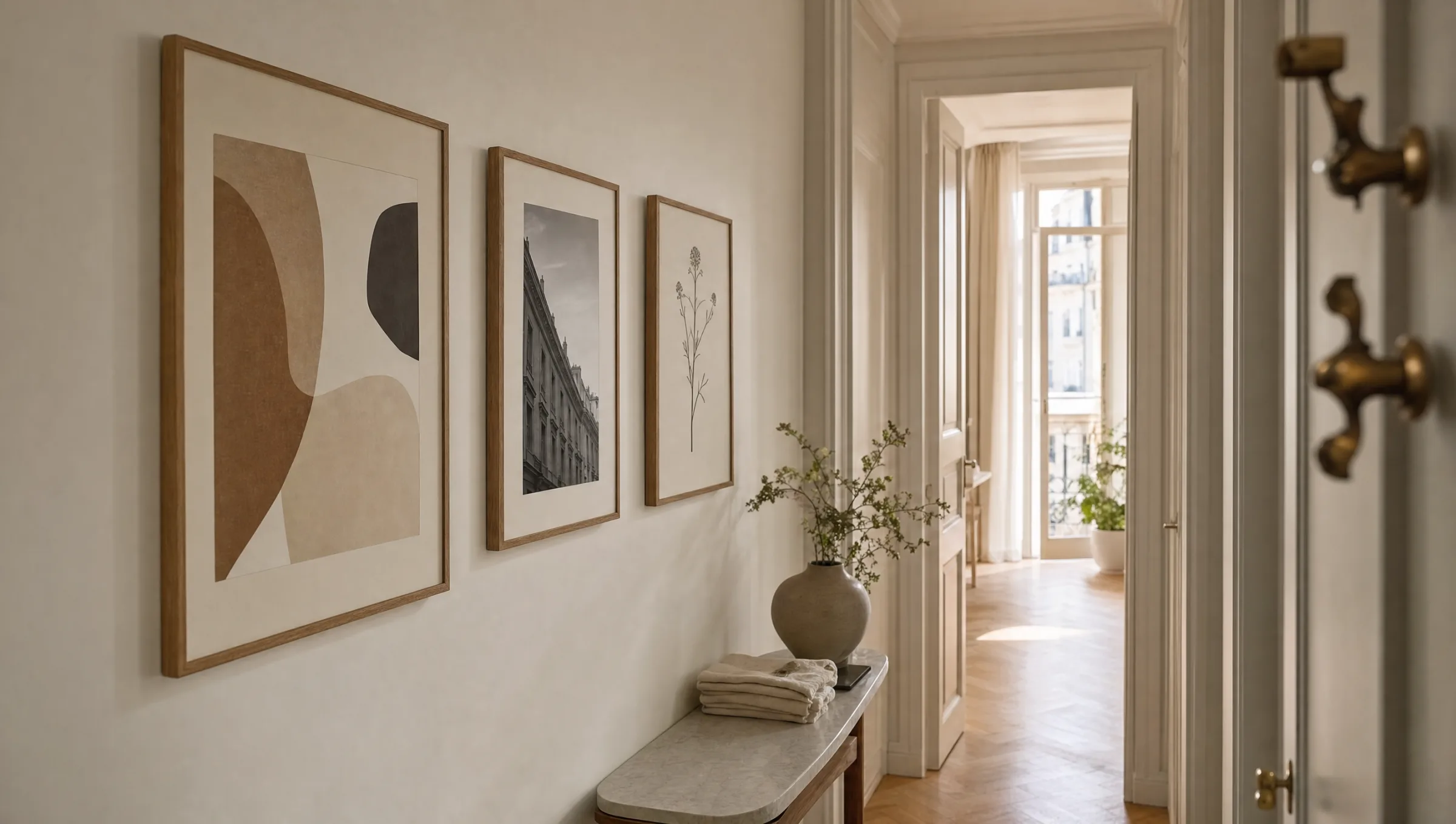 Bright period-apartment hallway with modern framed pictures arranged along a long wall